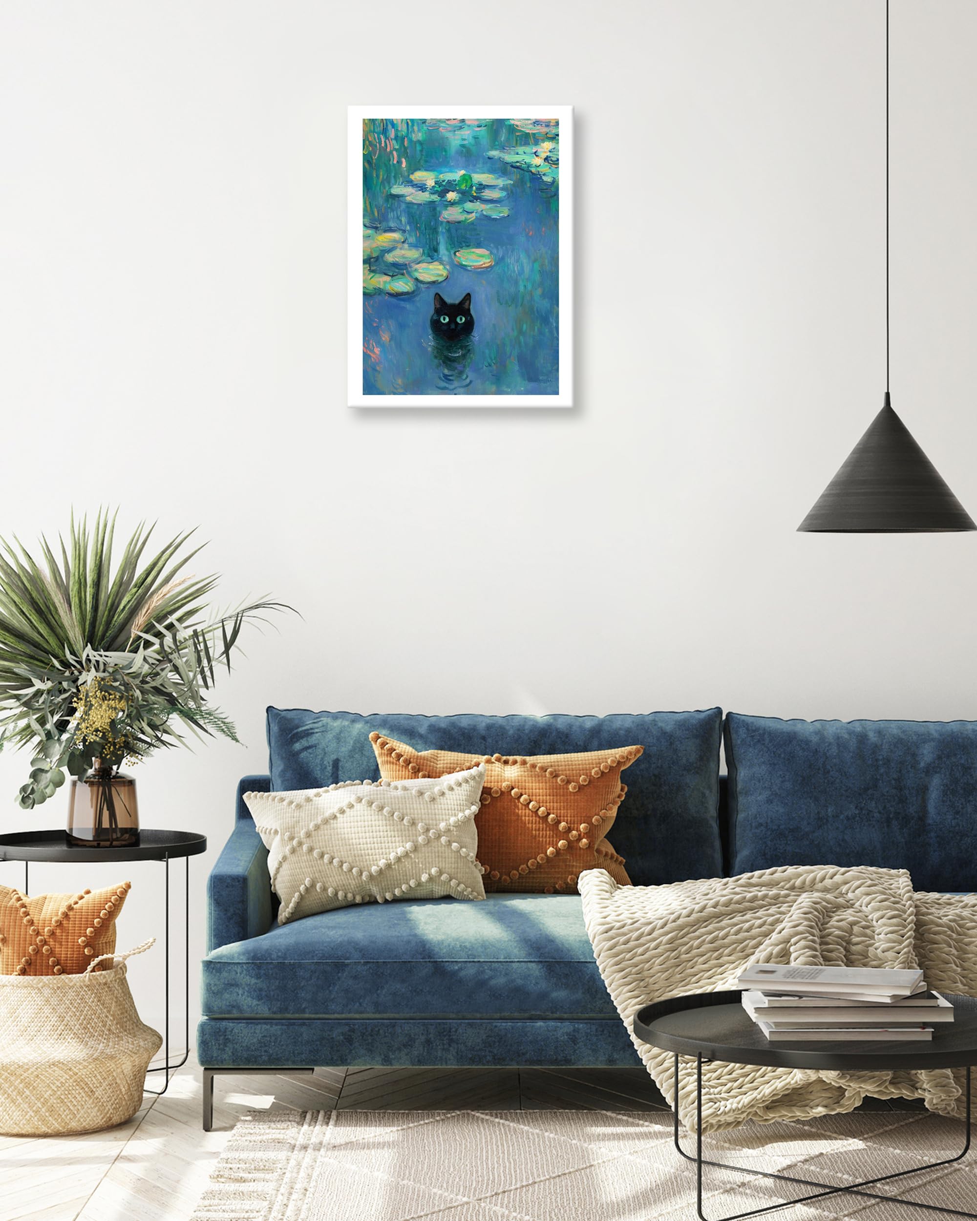 HesenDot Cat Head Framed Wall Art,30x40CM Claude Monet Waterlily Cute Cat Canvas Poster,Funny Animal Painting Print Wall Decor for Home Living Room Kid Bedroom Bathroom,Set of 1 - Image 3