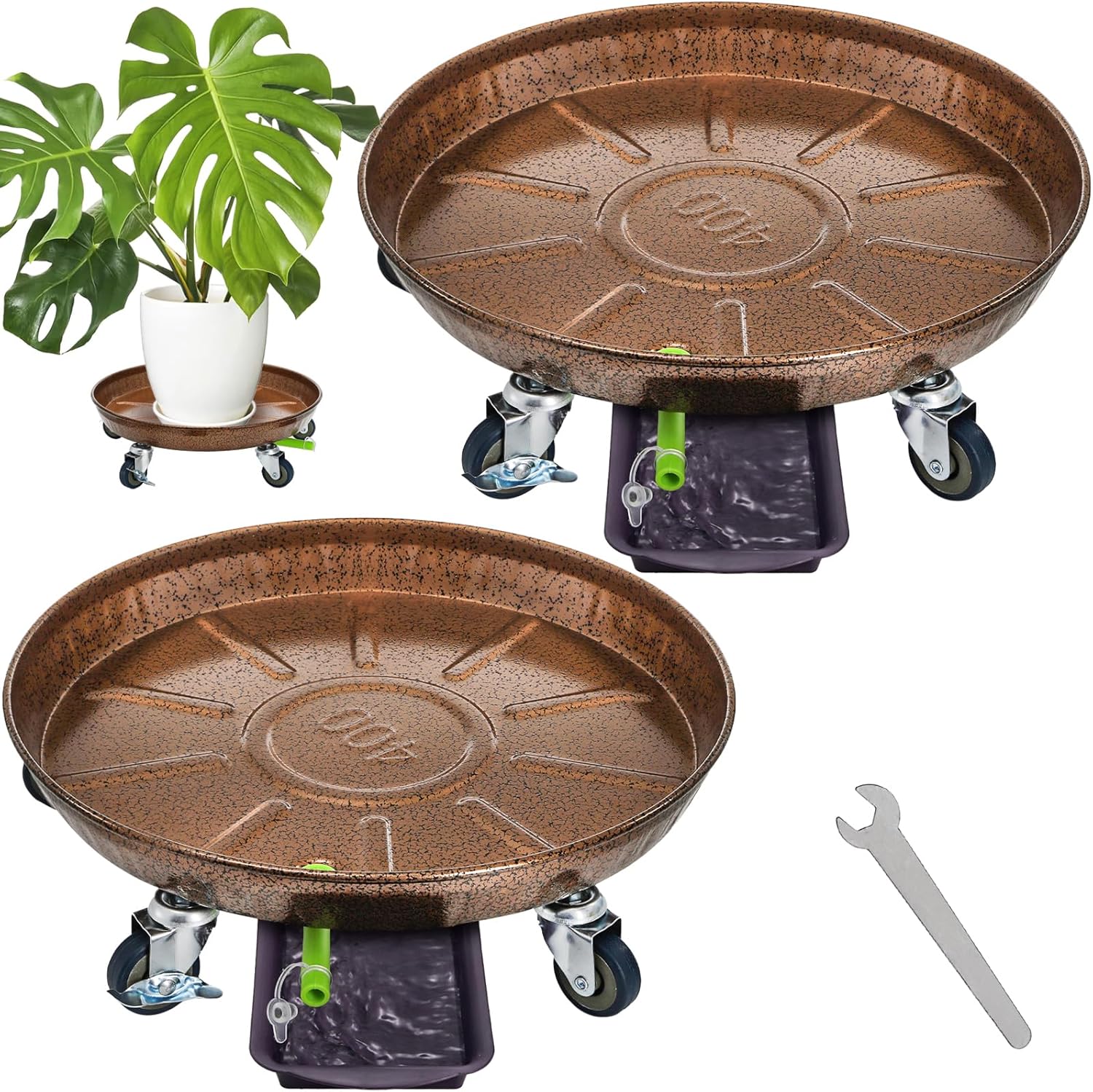 2 Pack Heavy Duty Plant Caddy, 16 Inch Metal Rolling Plant Stand with Lockable Wheels, Drainage Tray, Round Pot Dolly Flower Mover for Indoor, Outdoor, Supports 200 Lbs