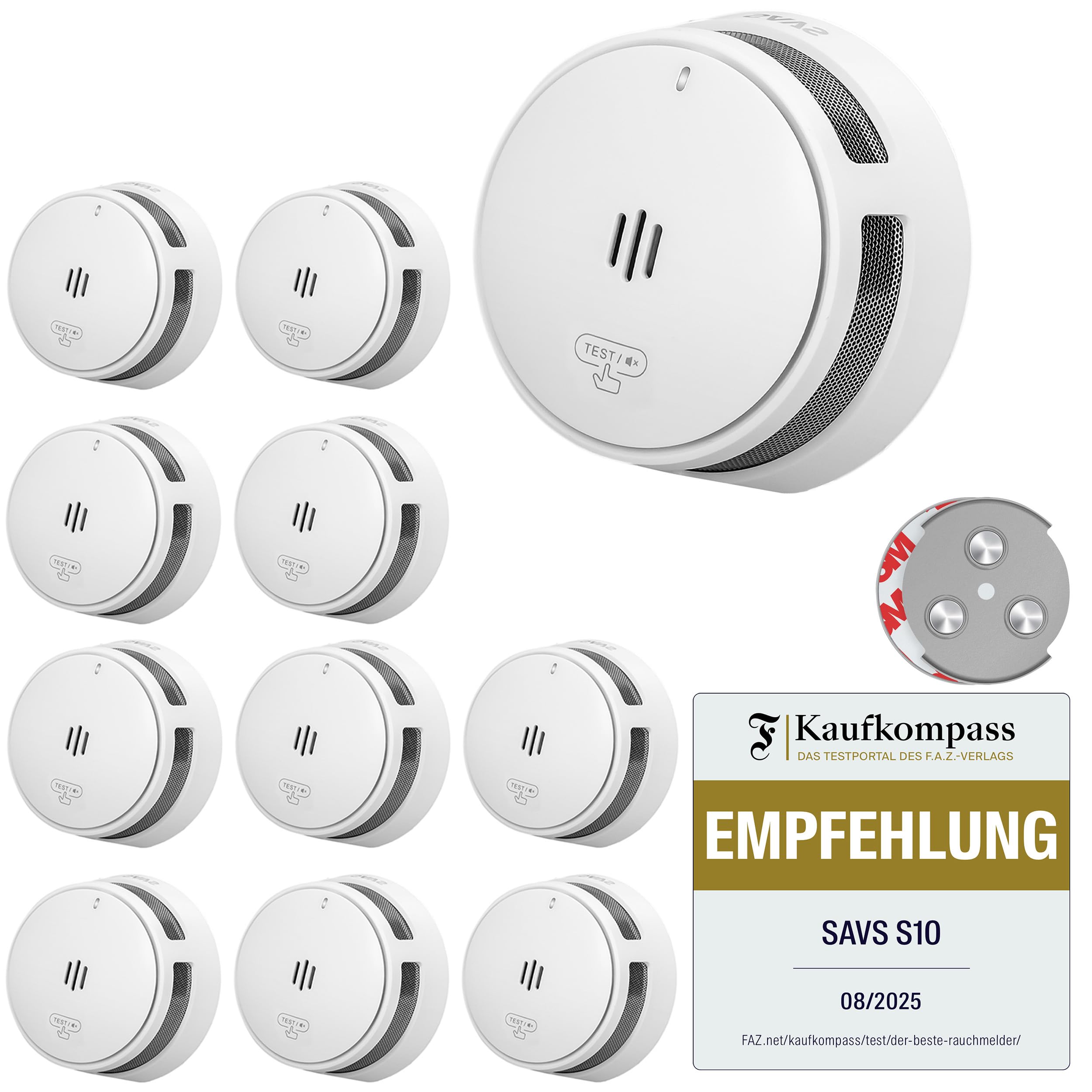 SAVS S10 Stand-Alone-Rauchwarnmelder - Integrierte 10-Jahres-Batterie - Optischer Doppelsensor - Fernbediente Mute-Funktion - Magnetische Montage ohne Bohren - Schlankes Design - Weiß - 10er Set
