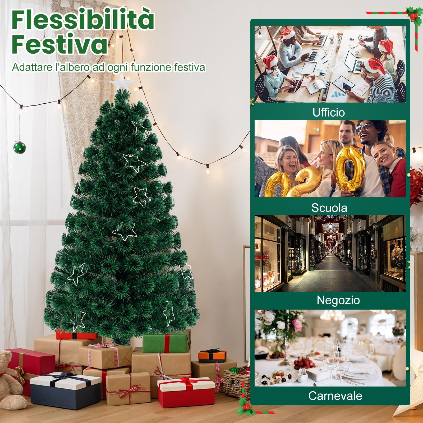 RELAX4LIFE Árbol de Navidad con 130 Ramas, 197 Luces LED Blancas Cálidas, 18 Decoraciones Estrelladas y Fibras Ópticas, Arbol de Navidad con Luces Incorporadas, Arvore de Natal (120 cm)