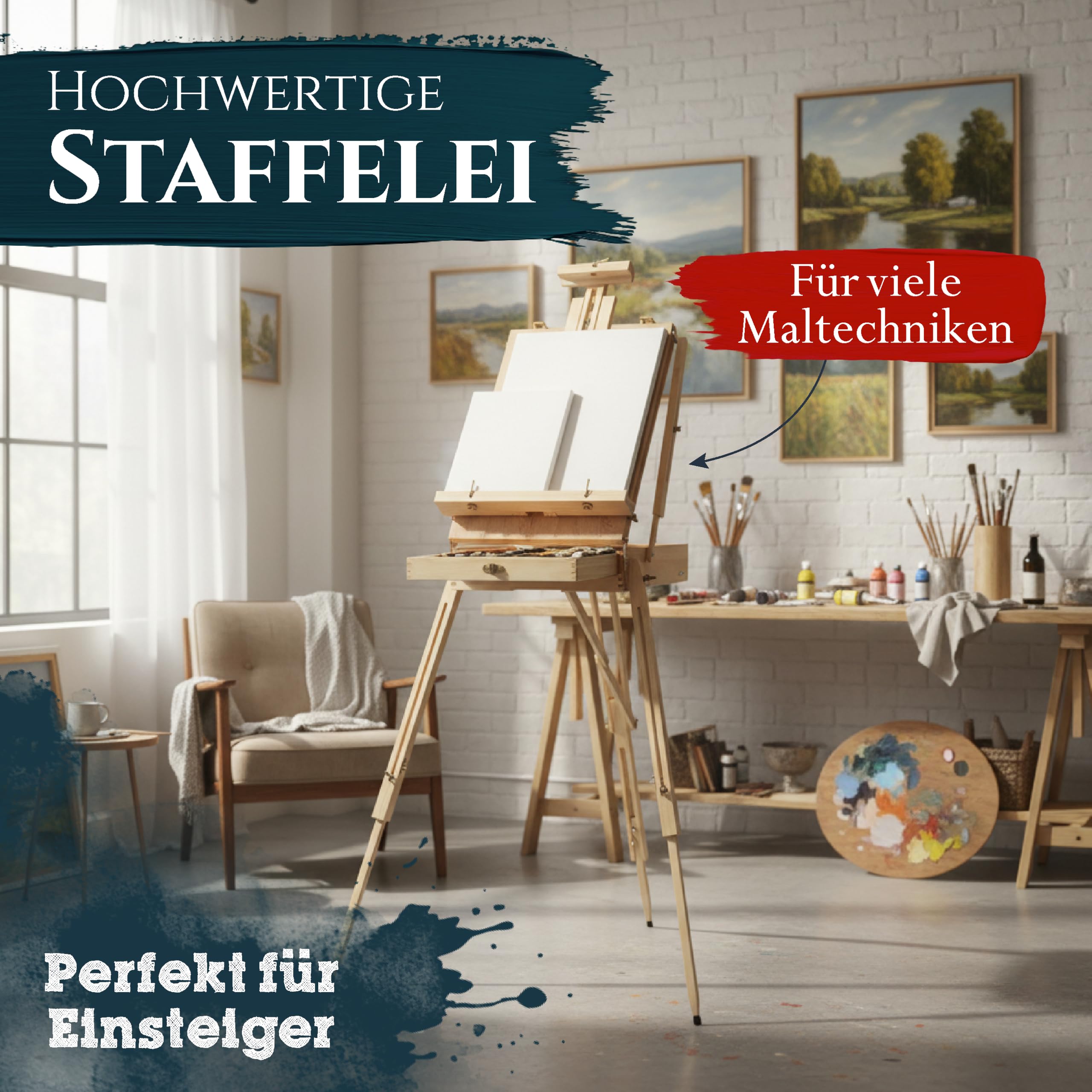 Artina Staffelei Holz Groß Leinwand bis max. 100cm mit 90° Neigung | Tischstaffelei Kofferstaffelei mit integriertem Malkoffer & Holzpalette Vielseitige Holzstaffelei Malerstaffelei Madrid