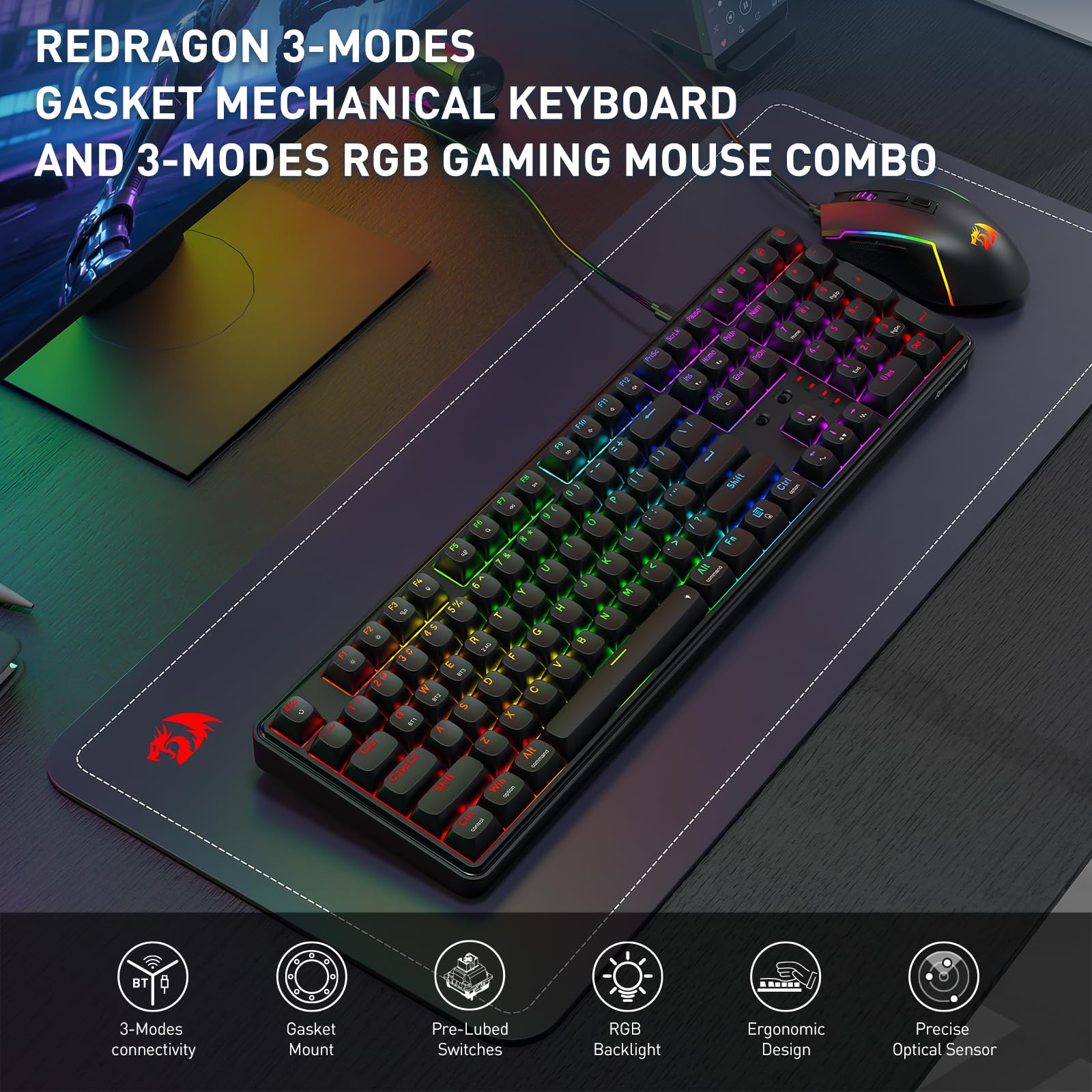 Redragon S163 Wilreess - Combo de teclado y mouse para juegos de 3 modos, teclado K689 PRO RGB de 108 teclas y mouse para juegos M693 de 8000 DPI