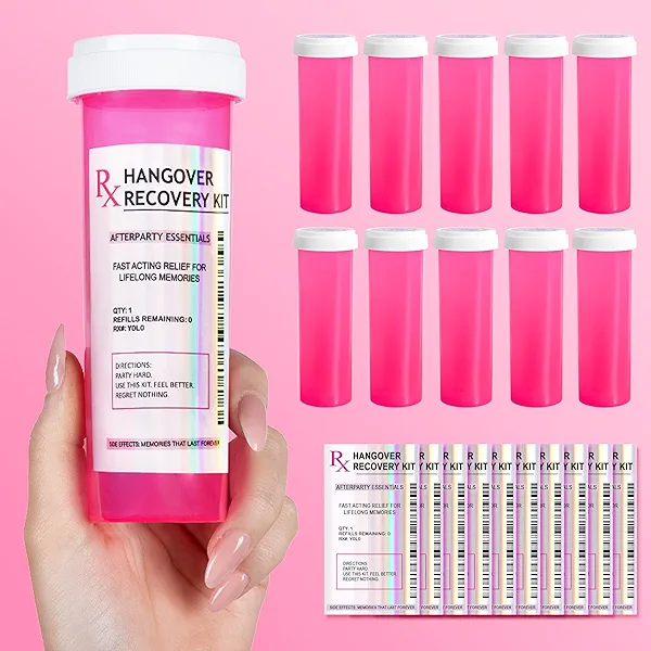 Chug Buddy Set of 10 Large Pink Pill Bottles for DIY Hangover Kits – Ideal for Bachelorette Party Favors, 21st Birthday Gifts, Bridesmaids Gifts & More – Empty Bottles for Hangover Kit Supplies