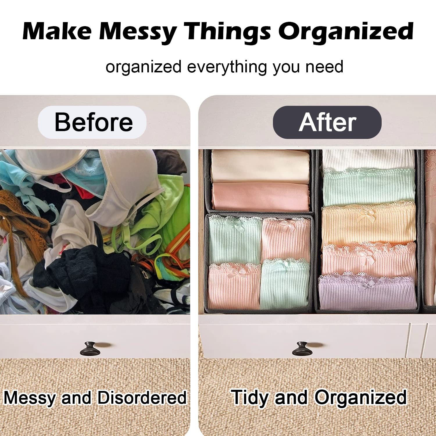 NEATERIZE Set Da 12 Divisori Pieghevoli In Stoffa Per Cassetti E Armadi – Organizer Per Calze, Biancheria Intima E Accessori (Beige) - 2