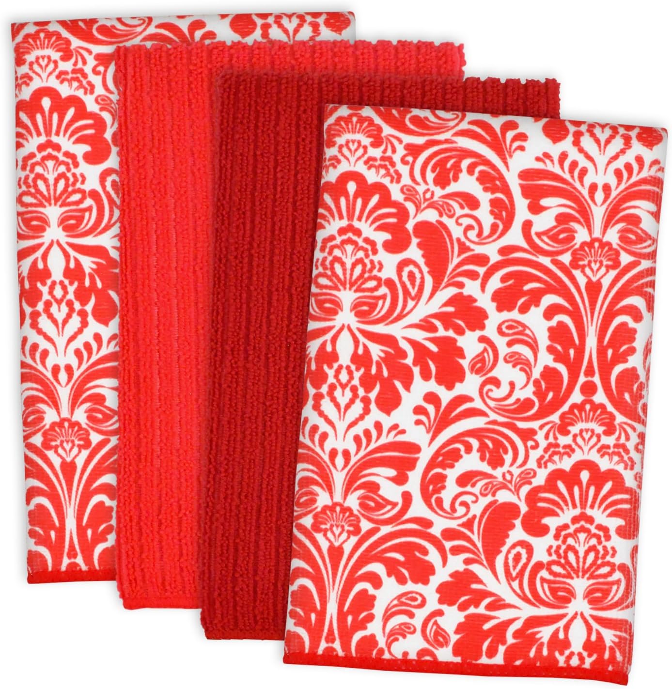 DII Cleaning Collection Multi-Purpose Microfiber, Red Damask, Dishtowel Set