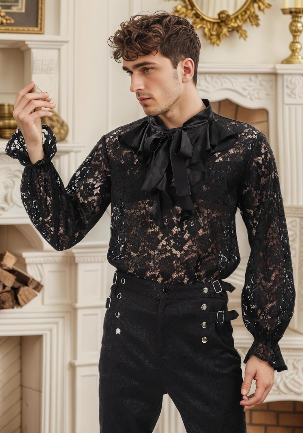 PROCOS Mens Pirate Vampire Gothic Shirt Rose Shaped Lace Shirt See Through Renaissance Poet Shirts Medieval Costume - Image 3