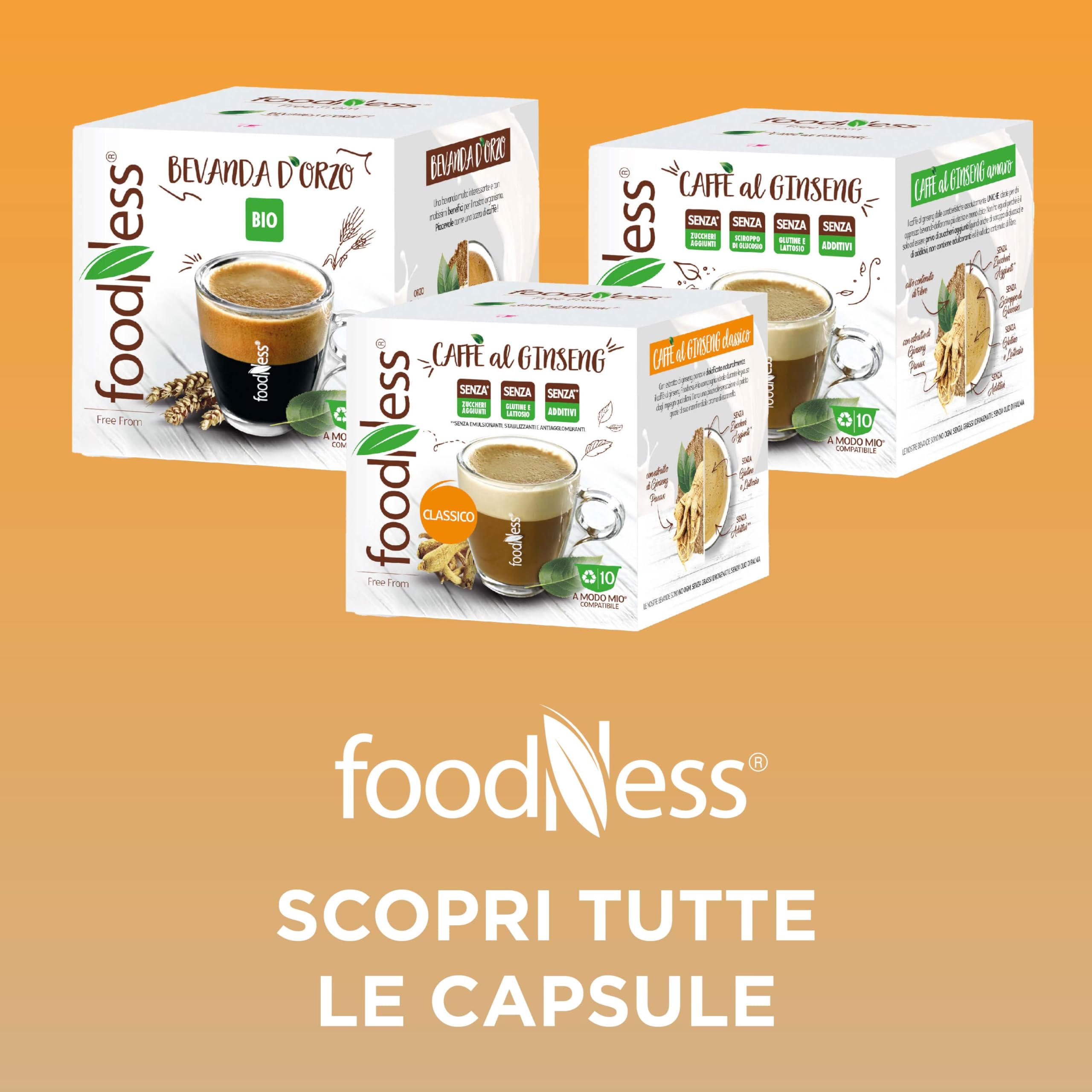 foodNess - 10 Box da 10 Capsule di Ginseng, Capsule Compatibili con Sistema Lavazza A Modo Mio, Solubile per Caffè con Estratto di Ginseng, Senza Glutine, Additivi, Lattosio e Zuccheri Aggiunti