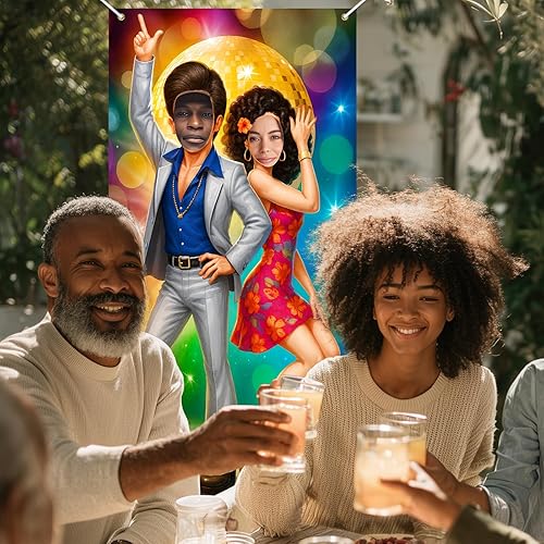 Miniatura 7 de Cartel de puerta de fotos de baile de discoteca retro para fiesta, telón de fondo de fiesta de los años 70 y 80, bola de espejo dorada para parejas,