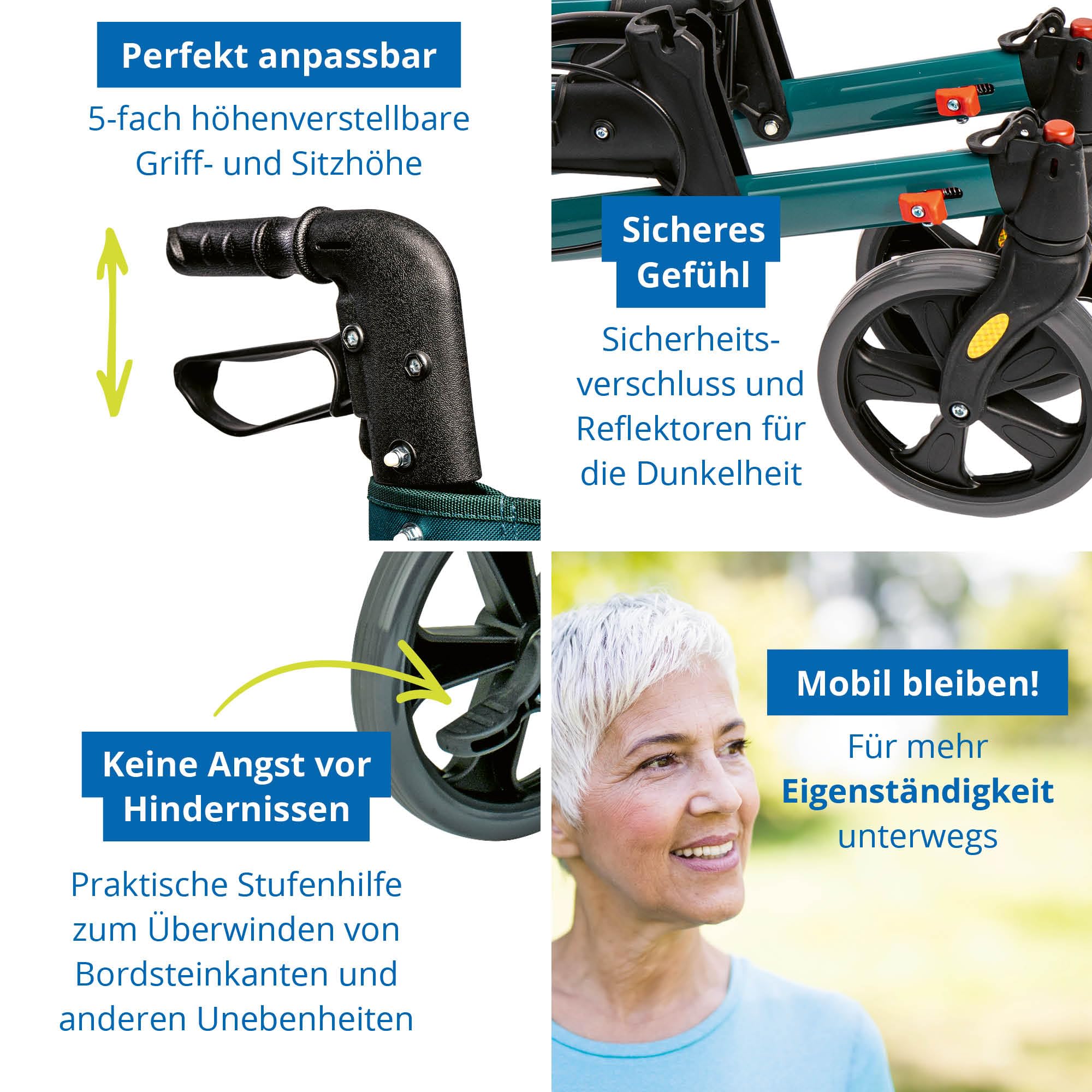 Weinberger Rollator faltbar und leicht mit Sitz | Tasche, Stockhalter, Griff, klappbar für alle Gelände | Höhenverstellbarer Indoor & Outdoor Rollator für Senioren | Gehhilfe, schmal, petrol