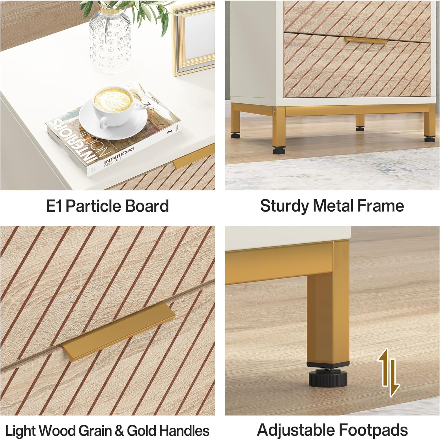 Tribesigns Night Stands for Bedrooms, White and Gold Light Wood Grain Nightstands with 3 Drawers Bedside End Tables Storage for Bedroom