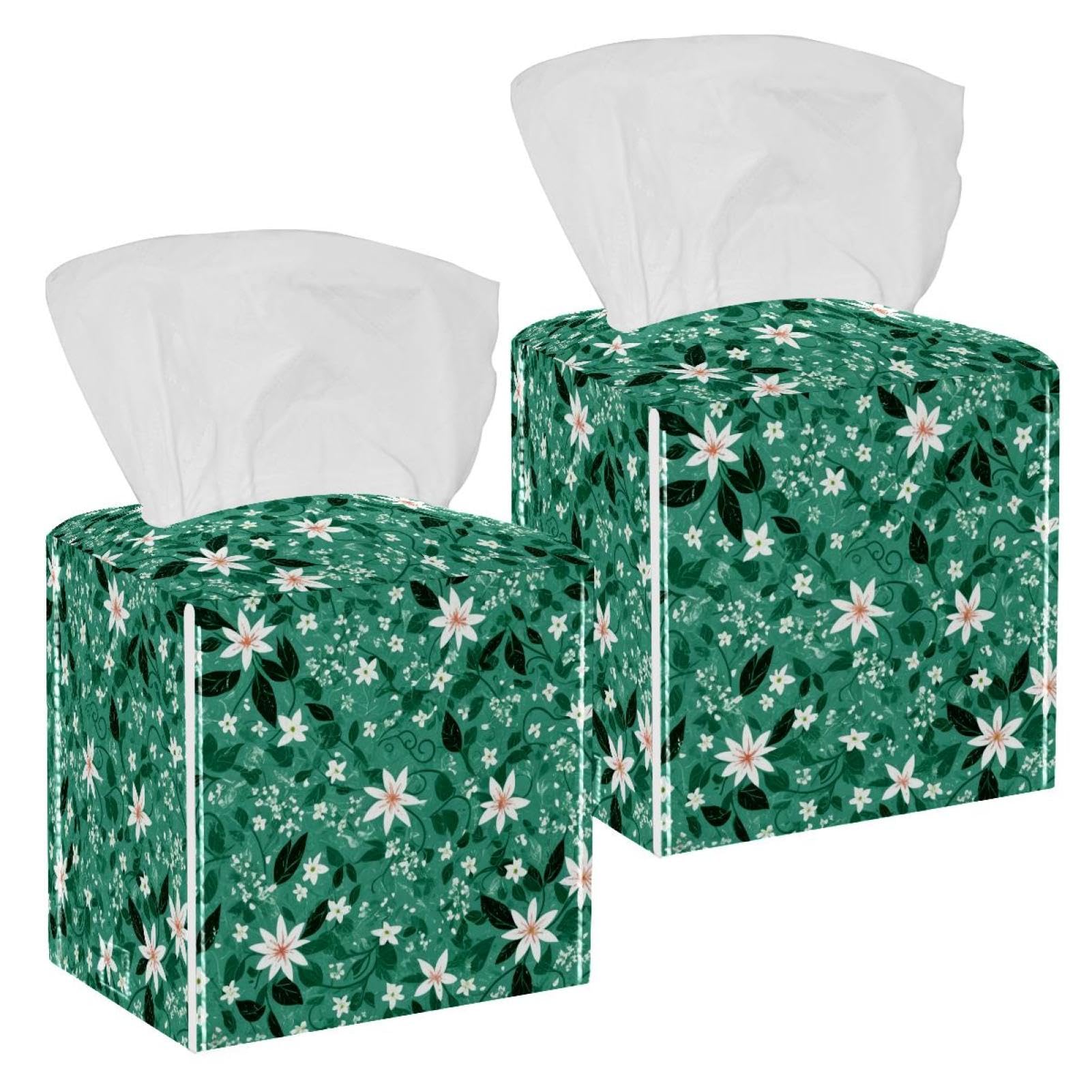 Aesthetic Flower Tissue Box Cover, 2 Pack PU Leather Square Facial Tissue Dispenser Box holder for Home Office Car