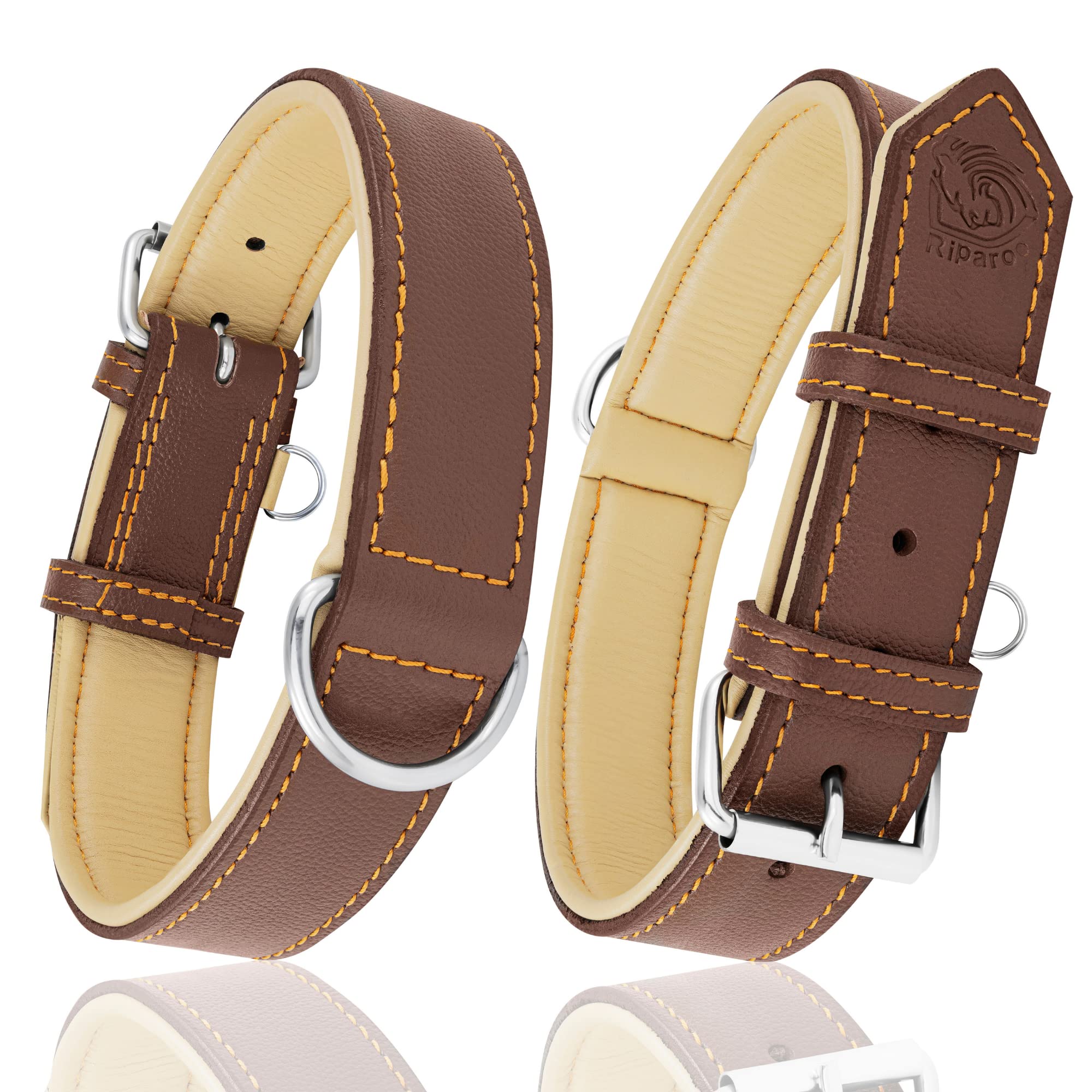 Riparo Echtes Leder Verstellbares Hundehalsband mit Zusätzlicher Verstärkung (XXL: 5CM Breit für 60,9CM - 73,7CM Hals, Braun)