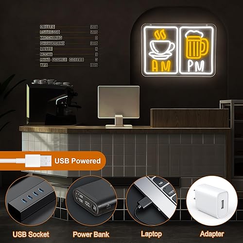 Miniatura 6 de Letrero de neón de café y cerveza para decoración de pared, cafetería, bar, acrílico, alimentado por USB, decoración de pared, letrero luminoso,