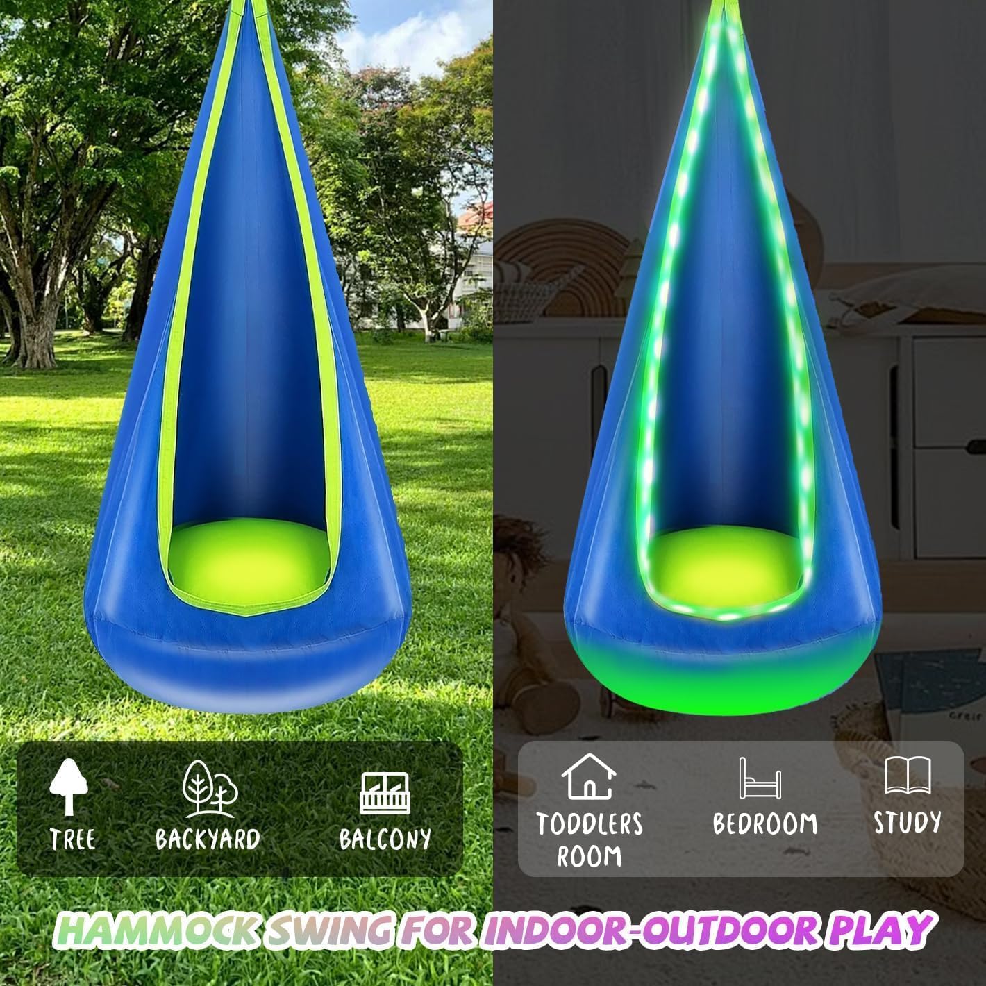 Balançoire Lumineuse - Balançoire-hamac en Taffetas de Nylon Haut de Gamme amélioré, avec lumières LED et Coussin Gonflable | Utilisation à l'intérieur et à l'extérieur