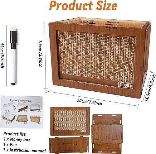 Miniatura 2 de Caja de dinero con mostrador, caja de dinero de madera reutilizable retro para dinero, caja de dinero con números y garrapatas, para adultos y