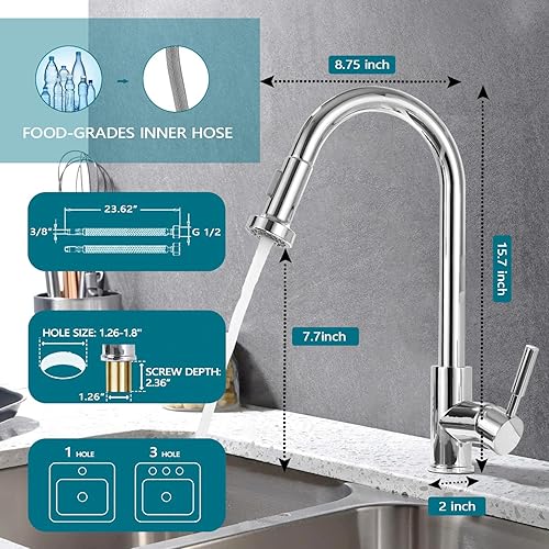 Miniatura 3 de SATICO Grifo de cocina cromado con rociador extraíble Arco de un solo agujero manija interruptor de botón fregadero de cocina grifos modernos de