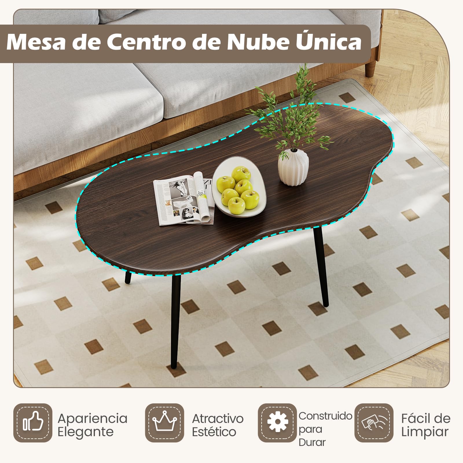 COSTWAY Mesa de Centro con Forma de Nube, Mesita Central Irregular Moderna con Estructura Metálica, Mesita Auxiliar de Madera Decorativa para Saon Oficina Espacios Pequeños, 100 x 50 x 44 cm (Nogal)