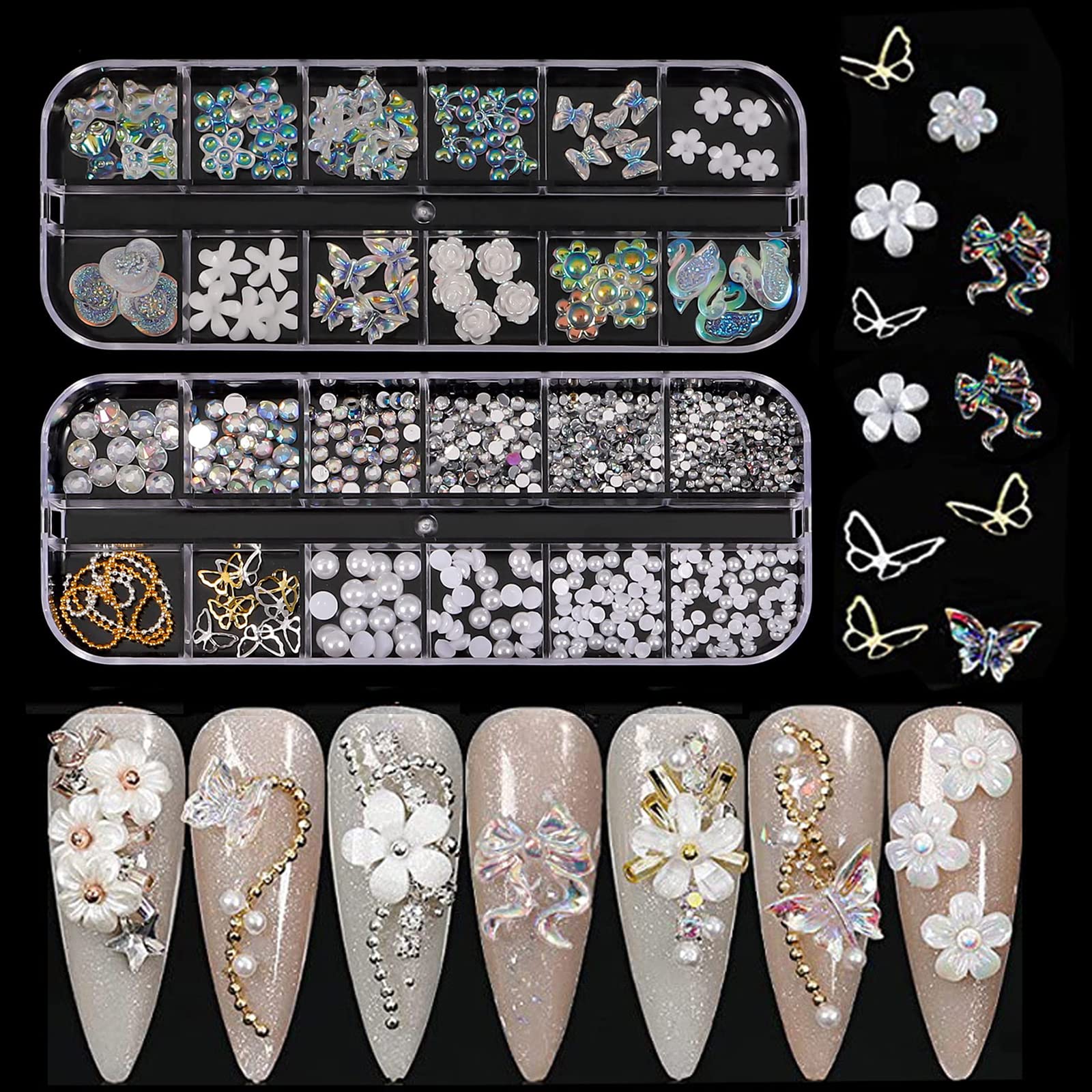 ネイルパーツ 花 蝶 2ケース入り 3D 可愛 おしゃれ リボン 蝶々 くま オーロラ 半円 パール ラインストーン ネイルストーン ネイルアート パーツ ジュエリーパーツ デコパーツ デコレーション クラフト 手芸パーツ DIY 素材 ハンドメイド ウェディング 結婚式 花火大会 バレンタイン