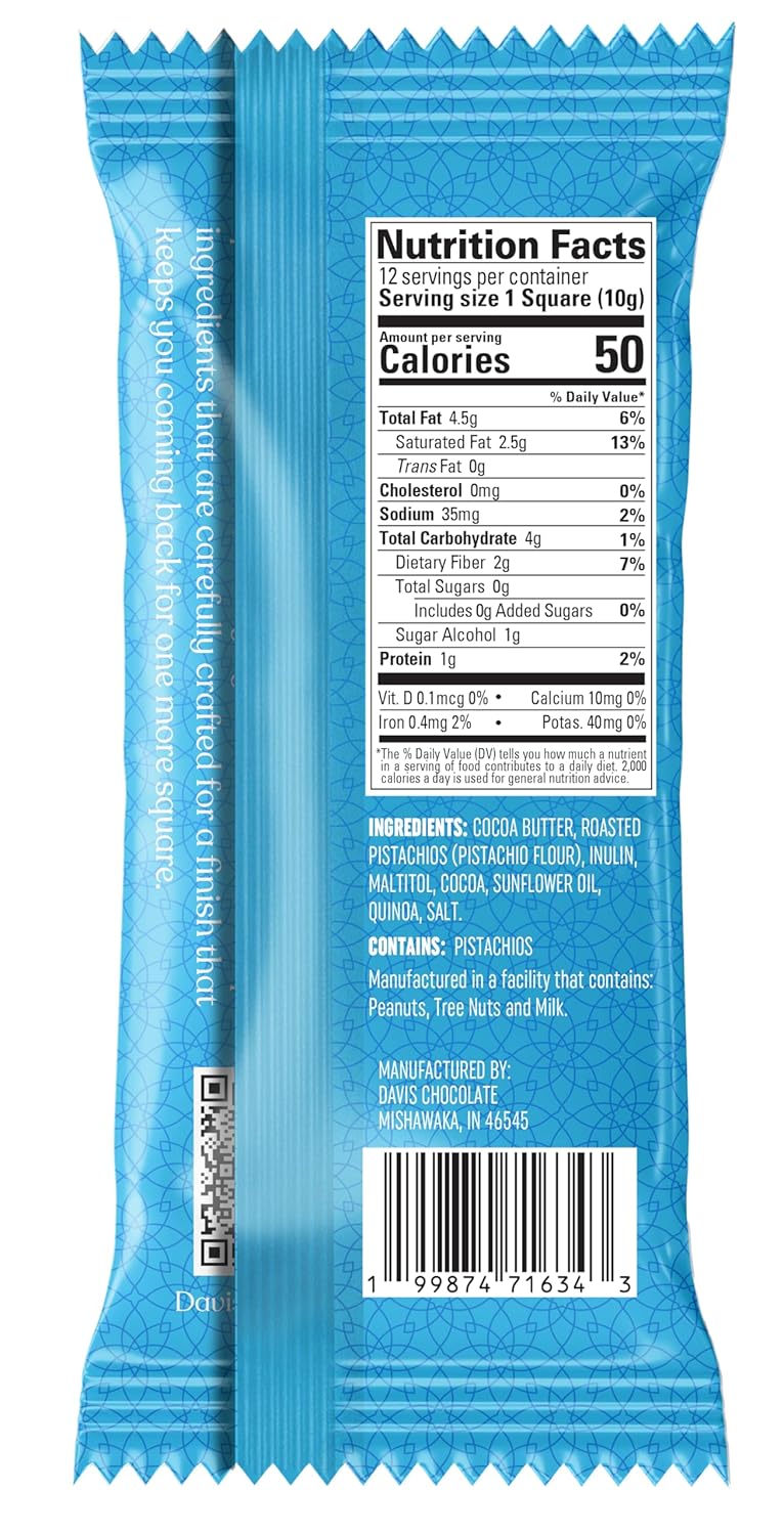 Davis Chocolate Dubai Destiny Sugar Free Vegan Dark Chocolate Bar, Pistachio & Puffed Quinoa, Gluten Free, Kosher, 4.05oz (3 Pack, SF - Dark Vegan)