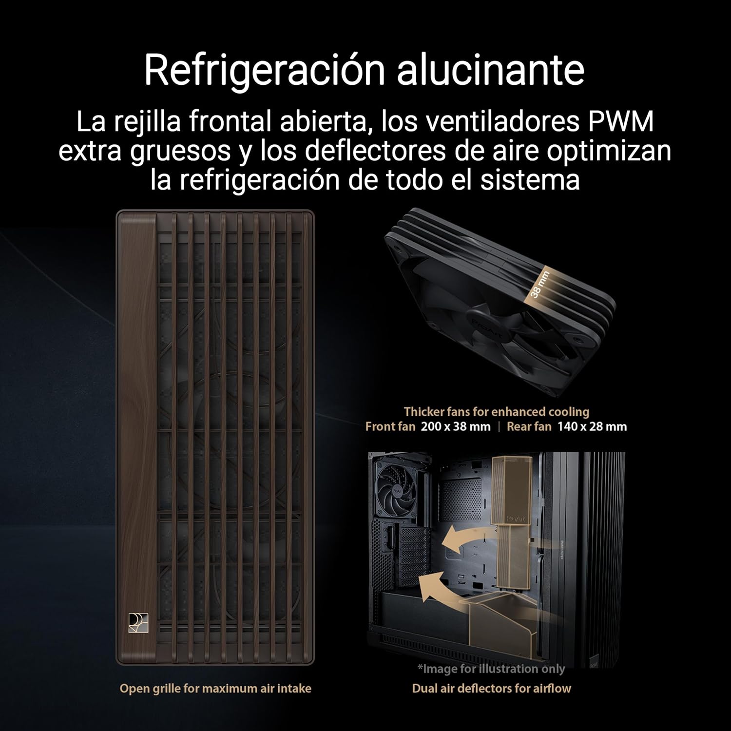 ASUS ProArt PA602 Wood Edition Modern Black – Chasis E-ATX con Panel de Cristal Templado, Compatible con GPU de hasta 440 mm y radiadores de 420 mm, Ventiladores de 140 mm y de 200 mm preinstalados 4