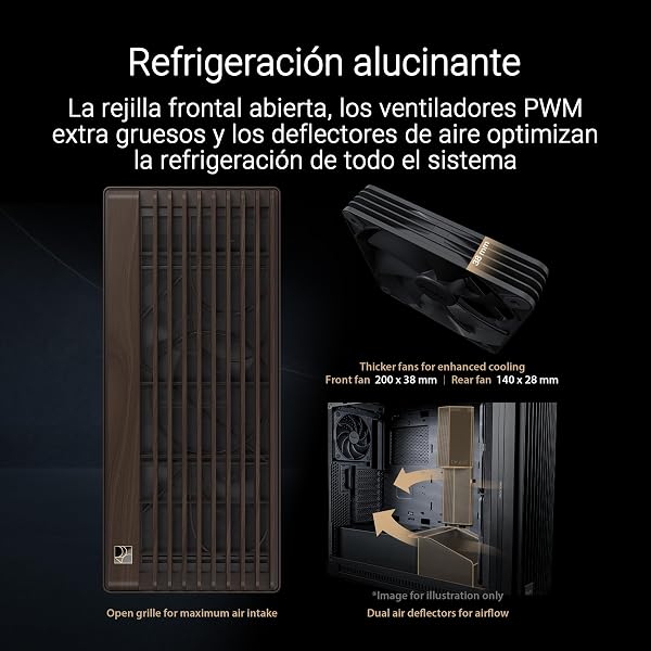 ASUS ProArt PA602 Wood Edition Modern Black - Chasis E-ATX con Panel de Cristal Templado, Compatible con GPU de hasta 440 mm y radiadores de 420 mm, Ventiladores de 140 mm y de 200 mm preinstalados - 3