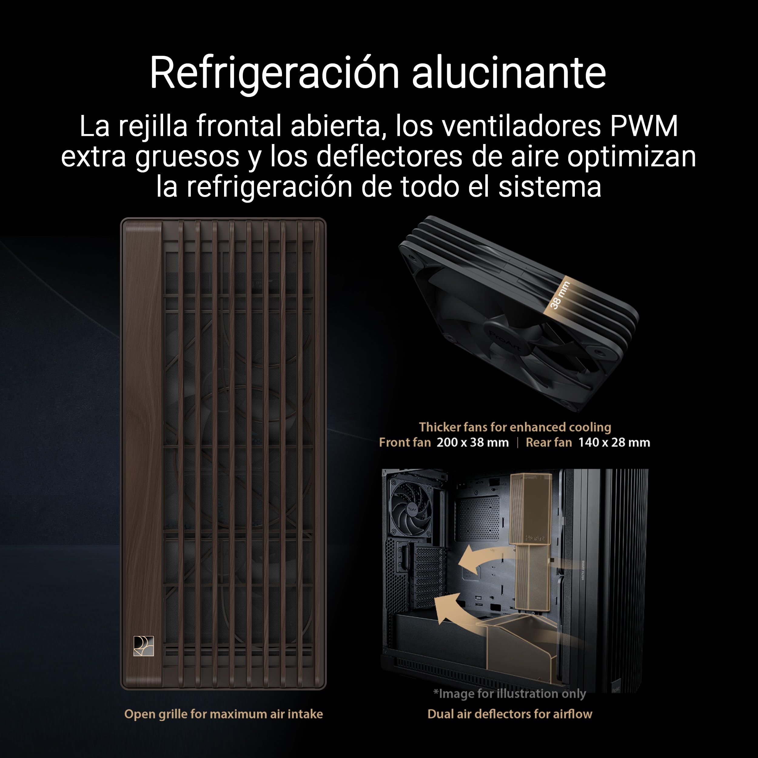 ASUS ProArt PA602 Wood Edition Modern Black - Chasis E-ATX con Panel de Cristal Templado, Compatible con GPU de hasta 440 mm y radiadores de 420 mm, Ventiladores de 140 mm y de 200 mm preinstalados - 3