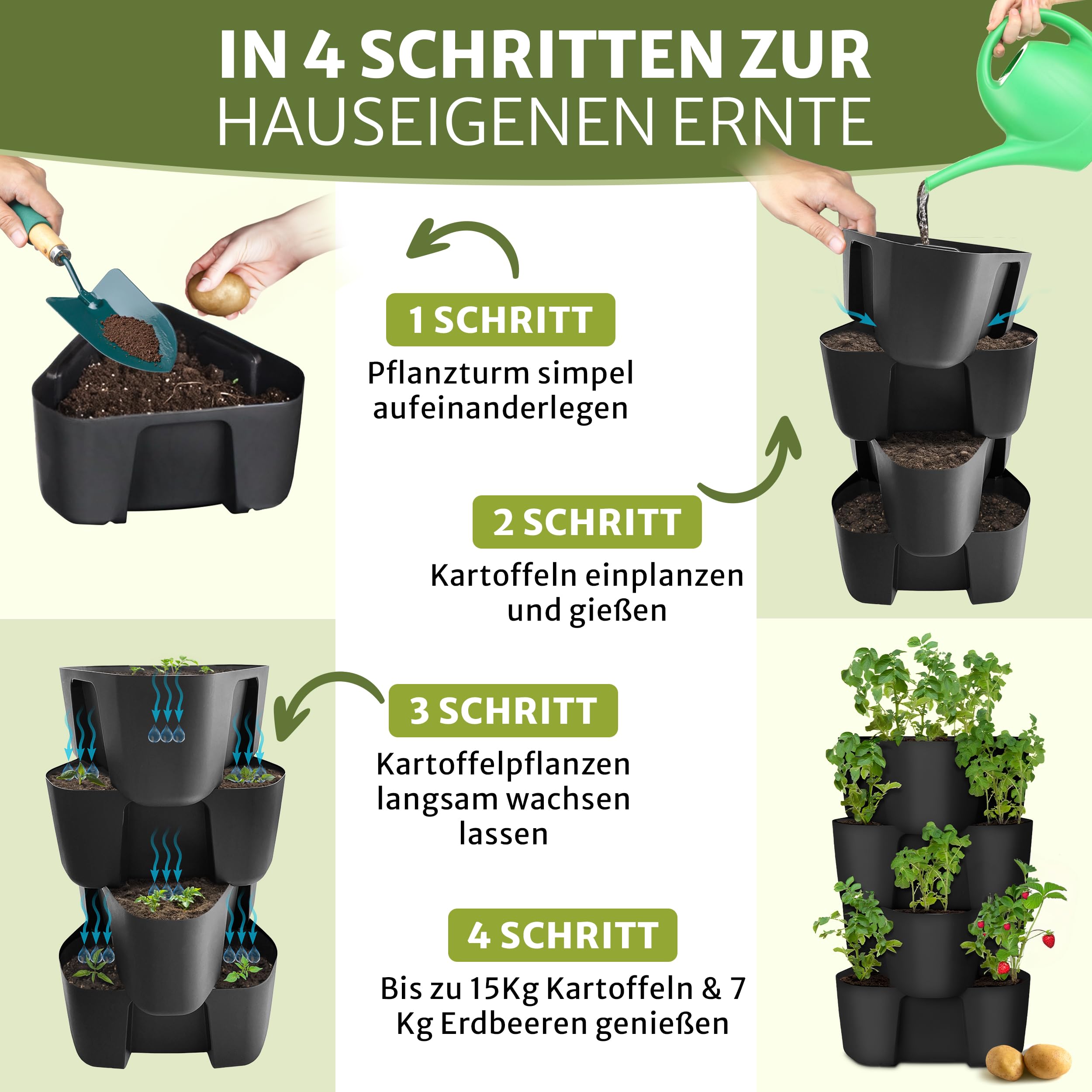 Premium Kartoffelturm / Erdbeerturm / Pflanzturm - 4 Set - stapelbar - Hoher Ernteertrag - Bewässerungs Löcher gegen Staunässe - optimaler Schutz vor Schädlingen - für Balkon, Garten und Terrasse (4)