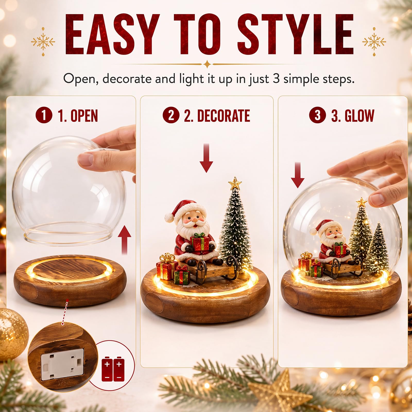 Funtery 8 pezzi di vetro a cupola di Natale trasparente fai da te con base in legno chiaro, kit decorativo per terrario per piante, terrario, decorazione per donne, regalo da tavolo (9,94 cm)