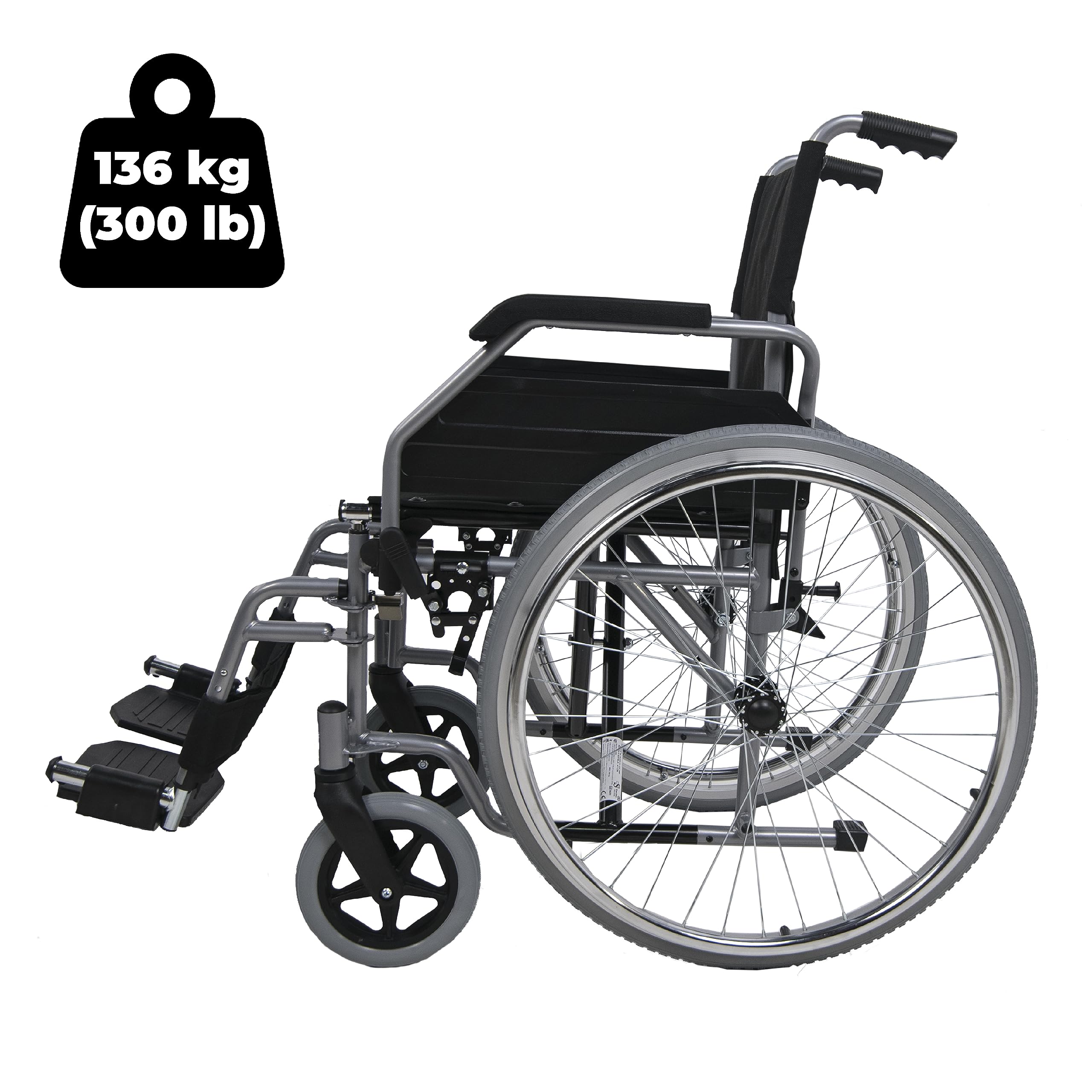 SANITEC - Silla de Ruedas de Acero Ligero para Minusválidos, Plegable, Resistente 136 Kg, Freno manual, Reposapiés y Reposabrazos abatibles y extraíbles. Ortopedia y Ayudas Técnicas