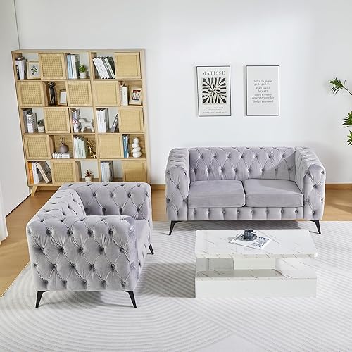 Miniatura 7 de Chesterfield - Silla moderna de terciopelo con botones y brazos cuadrados y patas de metal para sala de estar, dormitorio, oficina, apartamento