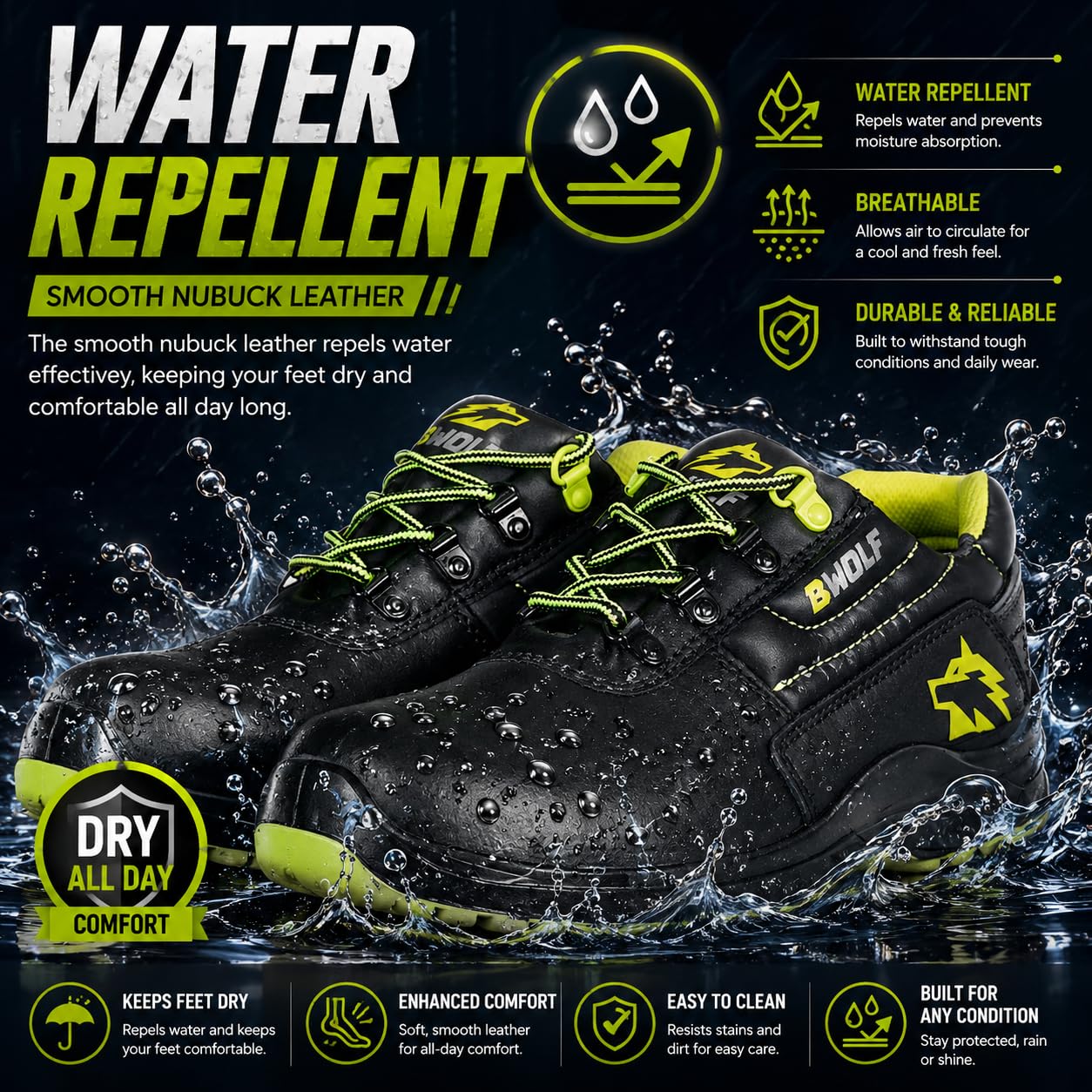BWOLF Spyke S3 Bottes de Travail de Sécurité S3 Chaussures de Sécurité Hommes Chaussures de Sécurité Hommes Montante Imperméable 4x4 Grip, Noir/Vert