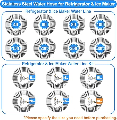Miniatura 7 de Kit de línea de agua para nevera (2 piezas)  Línea de agua trenzada de acero inoxidable de alta calidad de 20 pies + 30 pies con válvula de tope en