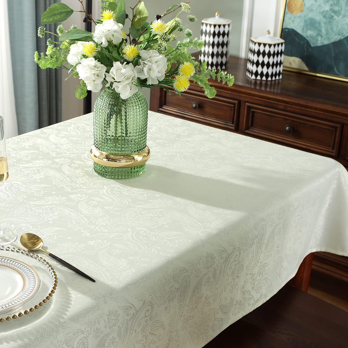 SASTYBALE Rectangle Tablecloth,Jacquard Wrinkle Free Spill-Proof Washable Polyester Damask Table Cloth for Dining Room Kitchen Party Home Indoor and Outdoor Use,52 x 70 Inch Ivory