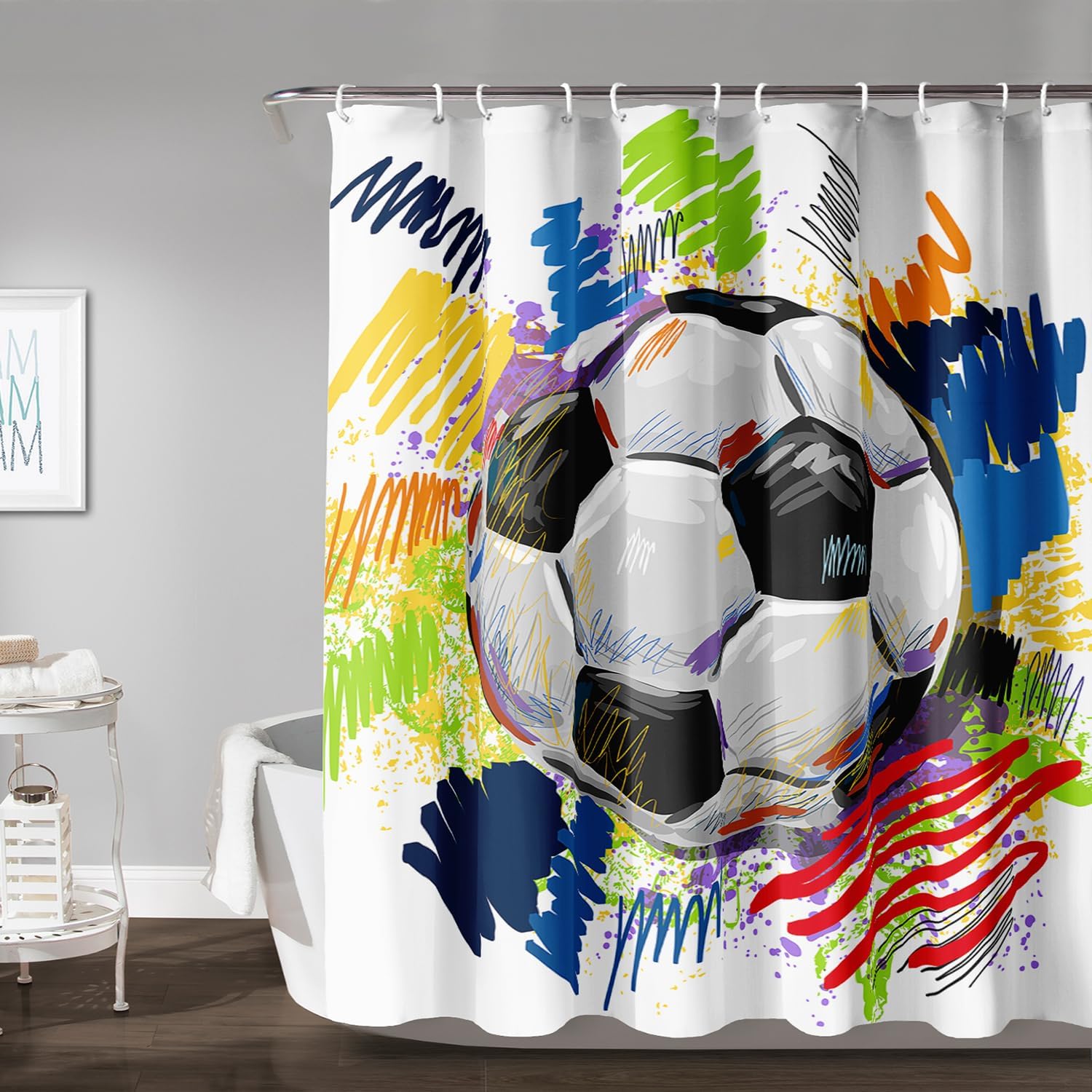 AILONEN Soccer Shower Curtain,Colorful Football Shower Curtain Kids Bathroom,Graffiti Style Sport Shower Curtain 72" W*72" H,12 Pack Hooks Polyester Waterproof Fabric Decor for Bathroom