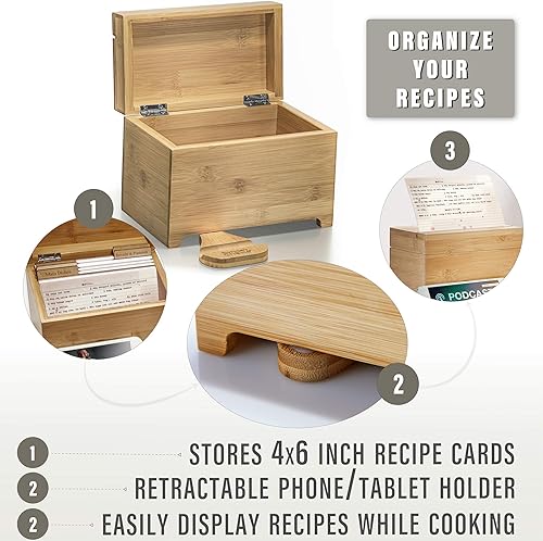 Miniatura 5 de Prosumer's Choice Organizador de tarjetas de recetas de bambú con soporte plegable para tableta y teléfono inteligente  Muestra recetas mientras
