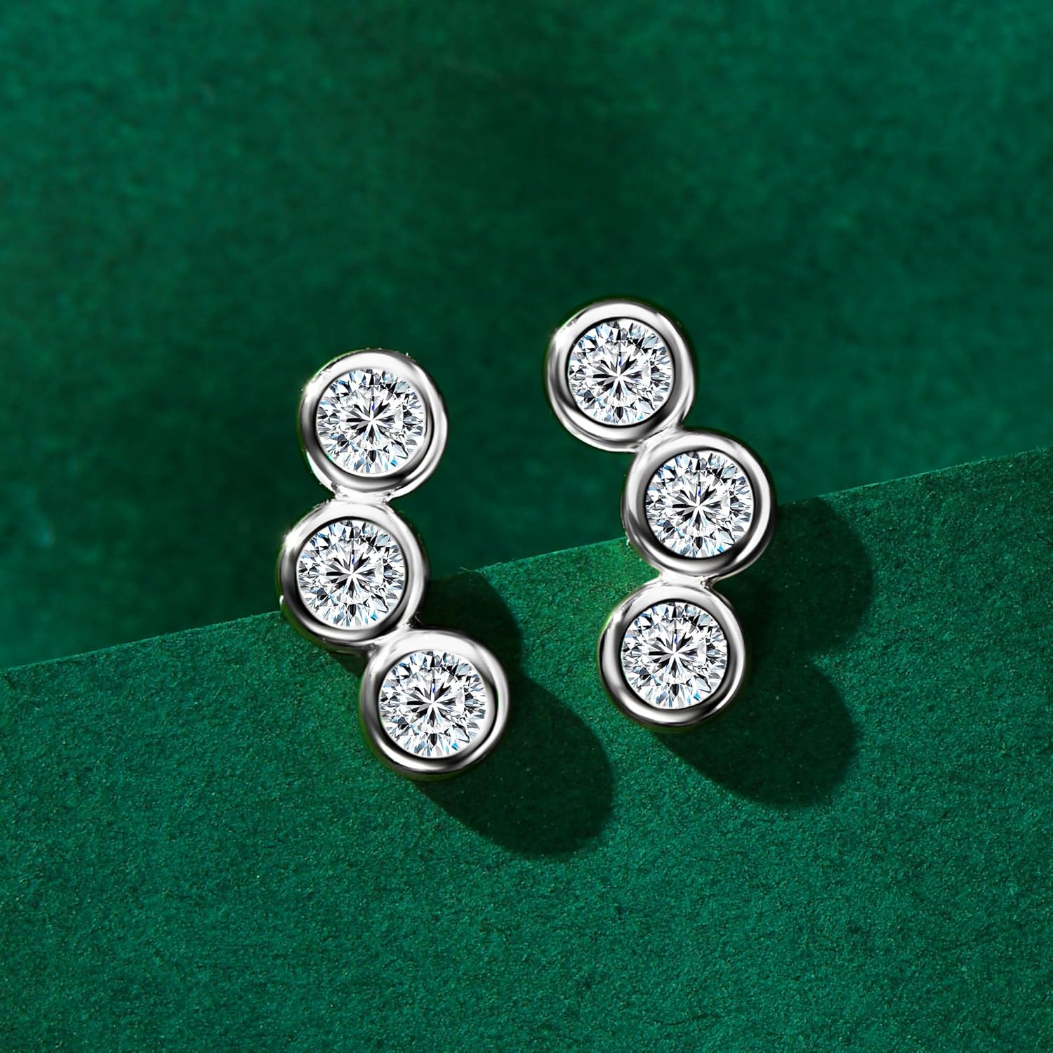 3-Stones Bezel Stud Earrings, 0.6cttw D Color Round Cut Moissanite, 925 Sterling Silver Earrings Elegant Jewelry Gifts for Women, Wife, Mom - Image 4
