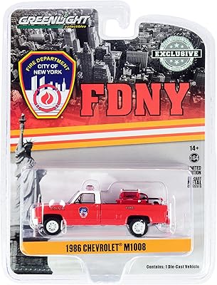 Greenlight Collectible 1986 Chevy M1008 Pickup Truck Red with White Top with Fire Equipment Fire Department City of New York 1/64 Diecast Model Car by Greenlight 30240