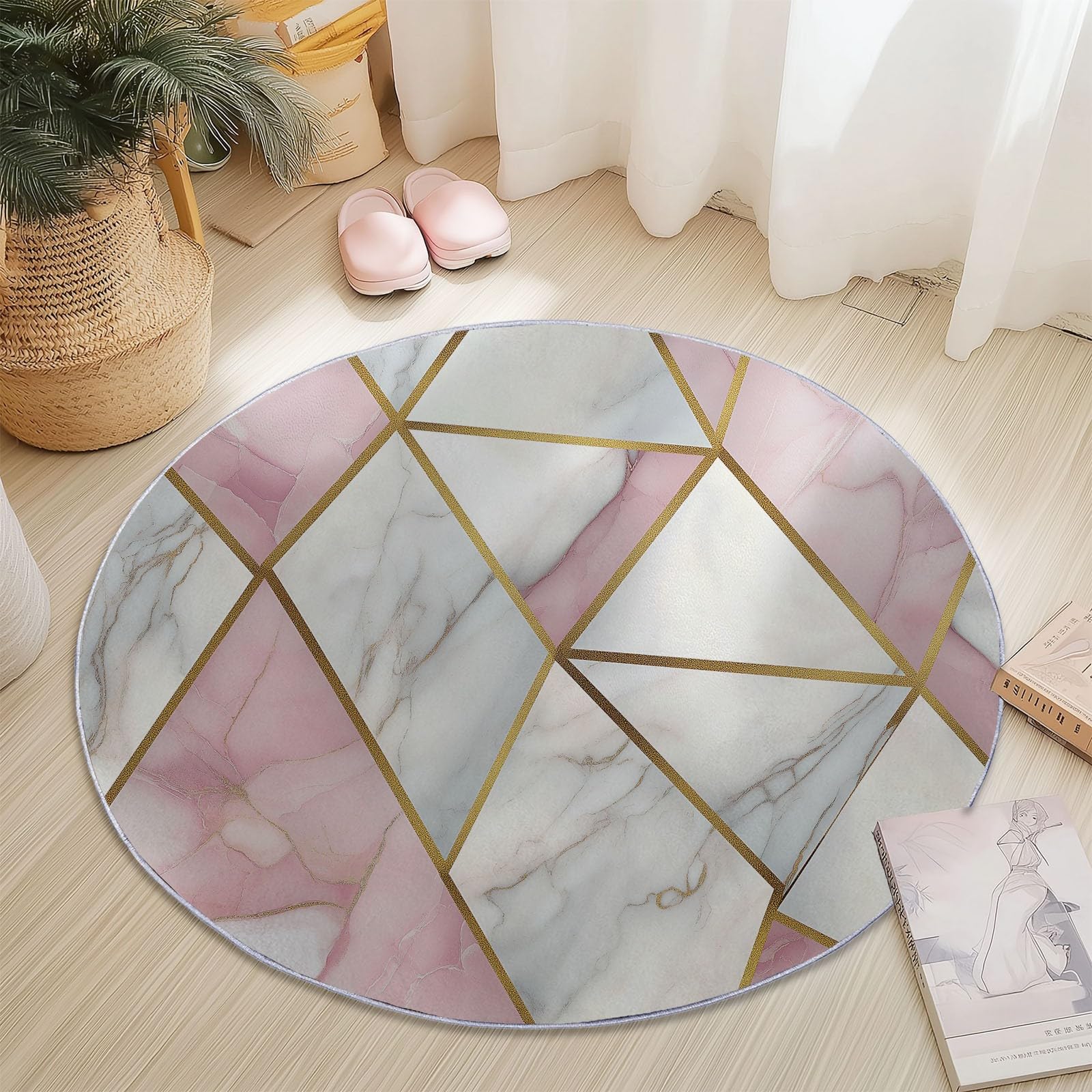 Tappeto rotondo da 210 cm, tappeto moderno antiscivolo, in flanella per interni, lavabile, morbido, per cameretta dei bambini, stanza dei giochi, camera da letto, 210 cm, colore: rosa e bianco