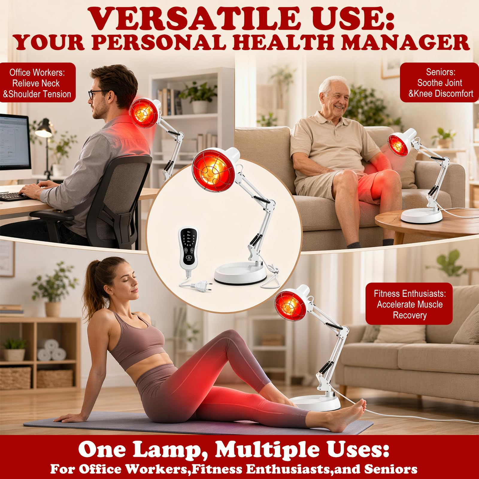 LOMUG Lampe Infrarouge 150W 10 Niveaux de Température Réglable, Lumiere Infrarouge avec Minuterie ELectronique, Bras de Support RéGlable, Lampe Chauffante pour La Maison