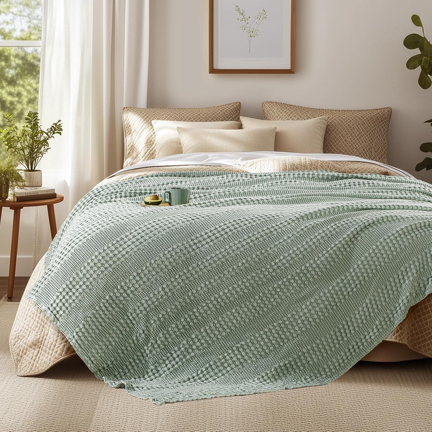 Cooling Waffle Weave Blanket Twin Size for Bed Sofa - Soft Lightweight Bed Blankets of 50% Rayon Derived from Bamboo for Hot Sleepers, Sage Green Breathable Throw for Summer, 60"x80" - Image 8