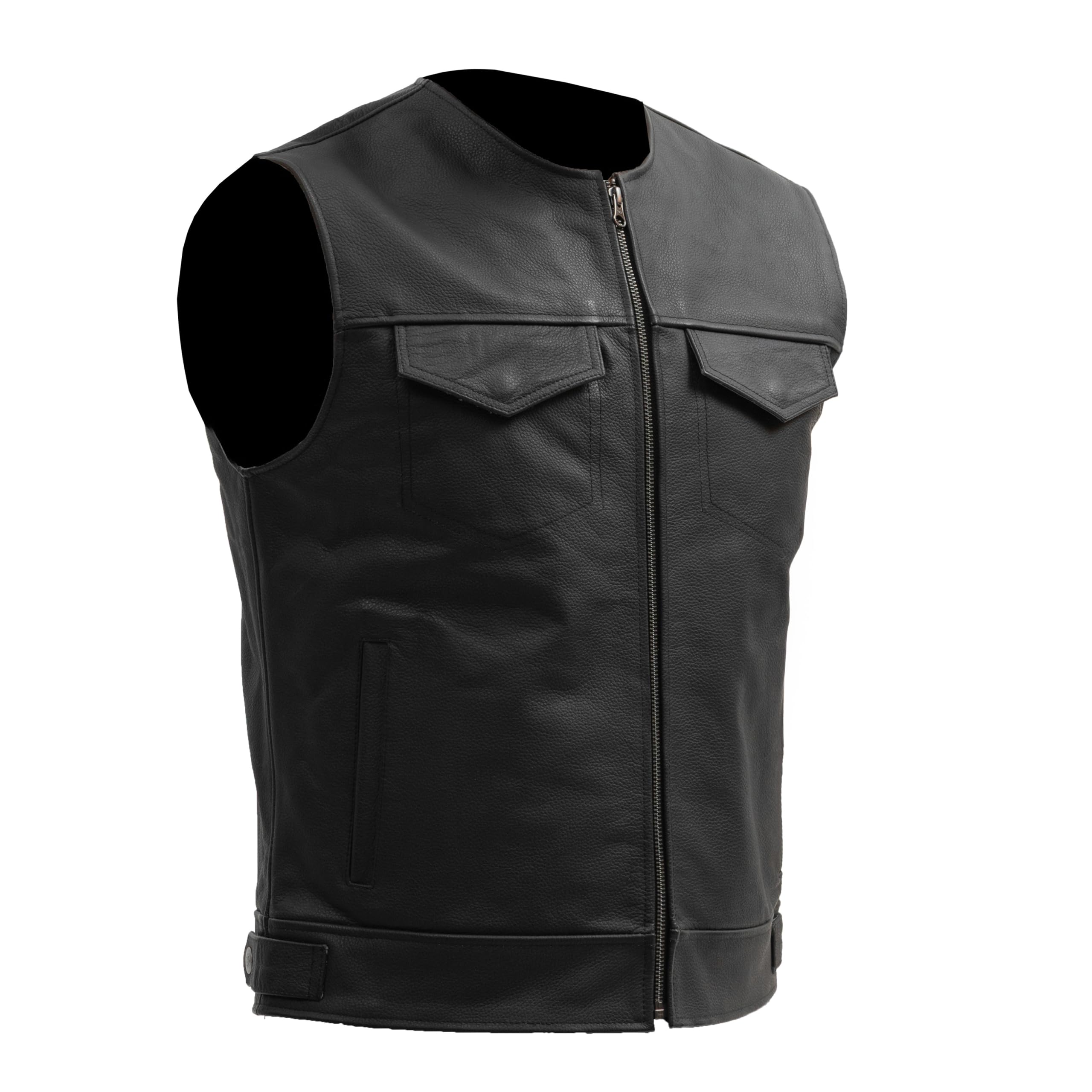 BROGER Blade Gilet da moto Uomo | Pelle | Spazio per stemmi e distintivi del club | Cerniera centrale | 6 tasche | Taglie fino alla 10XL