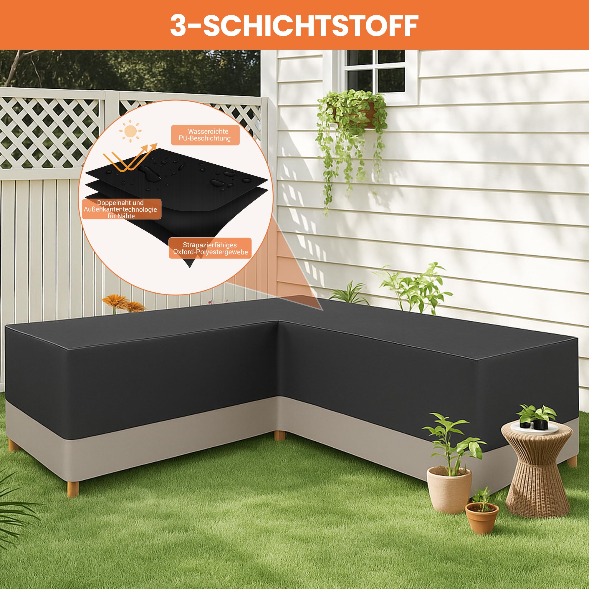 Gartenmöbel Abdeckung L-Form,Schutzhülle für Gartenmöbel,420D Oxford Gewebe Wasserdicht Winddicht Ecksofa Abdeckplane ,Möbbelsets Schutzhülle für Sofa, Loungemöbel 255x255x70CM