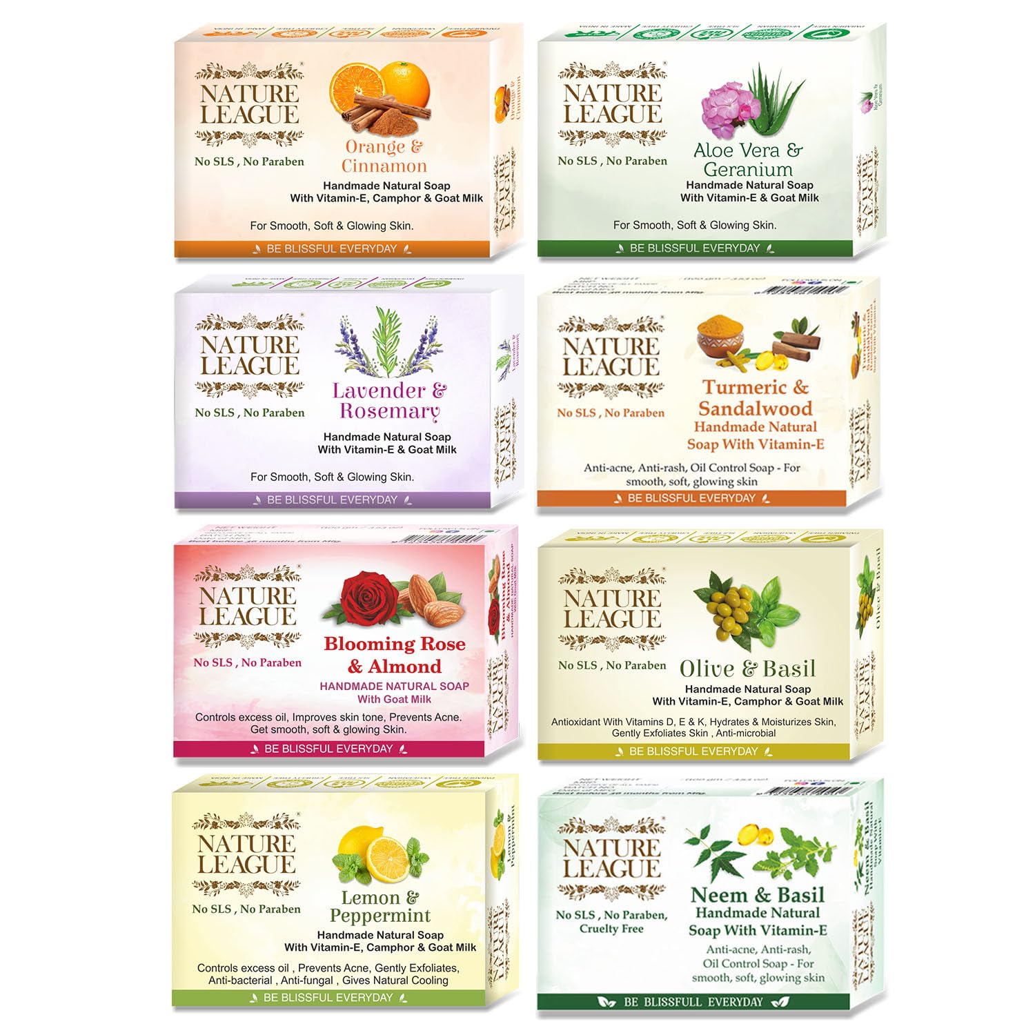 NATURE LEAGUE - Natural Skin Nourishing Bath & Body Combo of Handmade Soaps, Made With Natural Oils, Goat Milk, Camphor, Vitamin-E, With Captivating Fragrance, SLS & Paraben Free, Pack of 8 (800 gms)