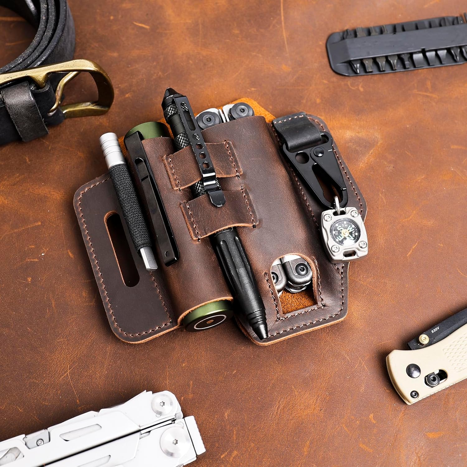 Topstache Multitool Sheath for Belt - EDC Belt Organizer - Leather Multitool Holster with Flashlight Holder, Elastic Band Pen Holder and Keychain Clip - Multitool Holder - Multitool Pouch, Darkbrown - Image 2