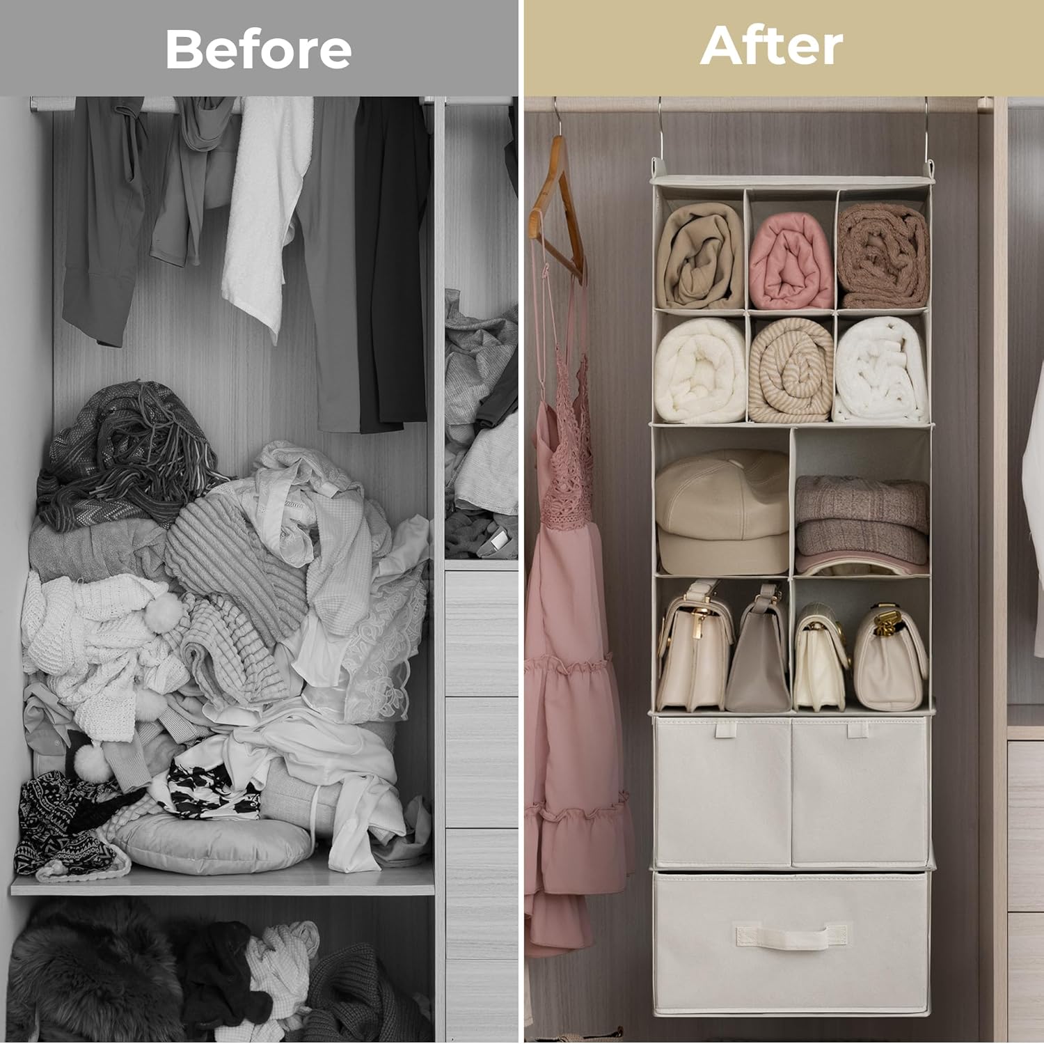 GRANNY SAYS Hanging Closet Organizer with Drawers, 6 Shelf Dividers Closet Hanging Organizer, Portable Foldable Hanging Shelves for Closet, Dorm Room, Bedroom, Kids Room, Beige - Image 7