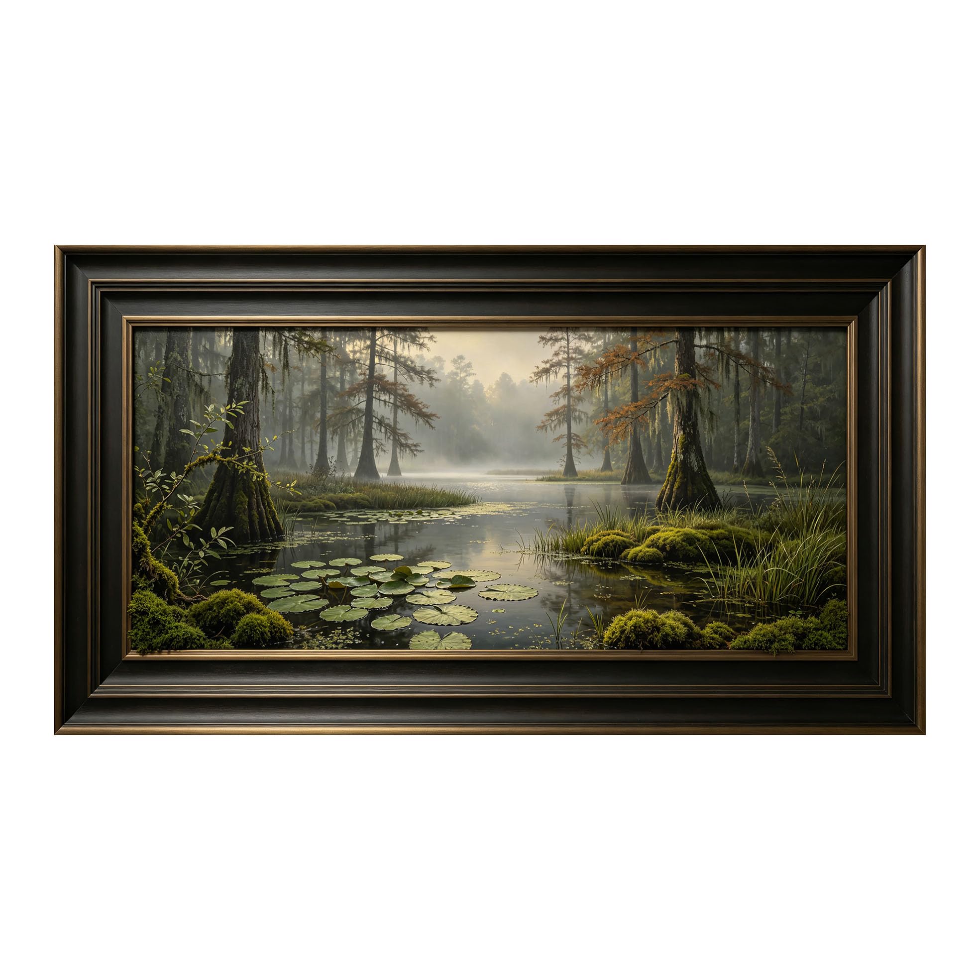 Yzpallescene 3D Framed Wall Art 50cm×100cm Misty Bayou Swamp Landscape Oil Painting Panoramic Lake View Large Size SelfAdhesive Removable Wall Decor Prints Artwork for Living Room Bedroom Office