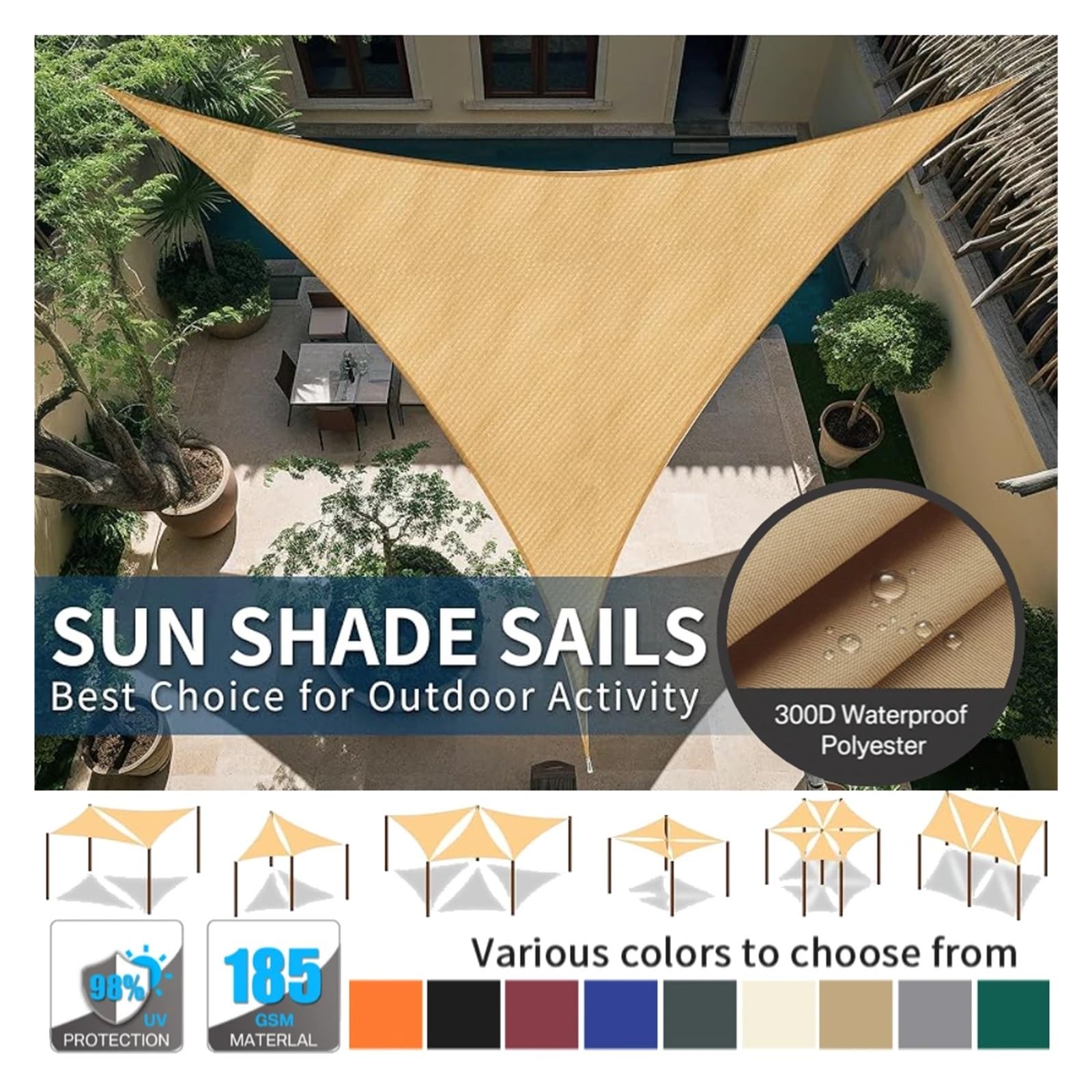 Baldacchino triangolare impermeabile con protezione solare e corde gratuite, perfetto per giardino, terrazza e pergola, 200 x 200 x 200 cm, vela ombreggiante per esterni