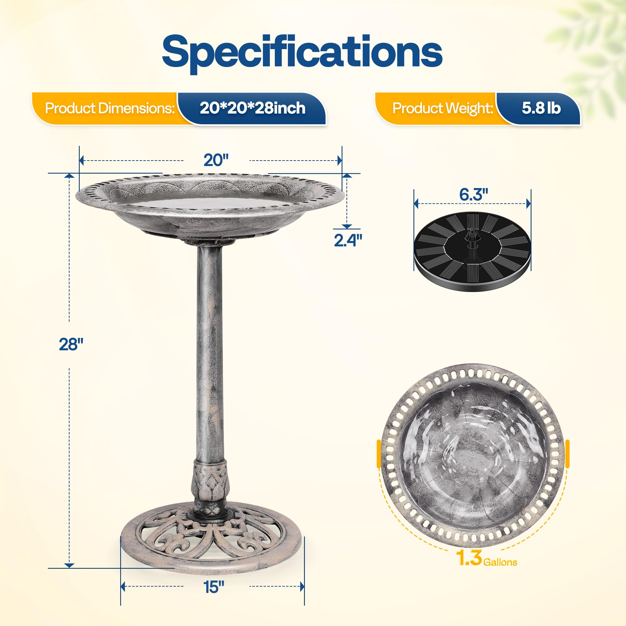 VIVOHOME Set Combinato di Fontana Rotonda per Laghetto con Abbeveratoio Bagno per Uccelli da Giardino Antica in Poliresina e Fontana Solare