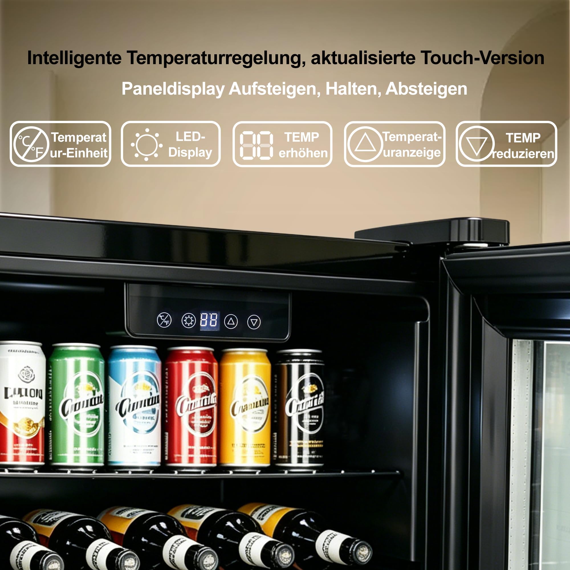 Freistehender & Unterbau Getränkekühlschrank, Dreifach verglaste Glastür, LED-Display & Innenbeleuchtung, Leiser Weinkühler & Bierkühler mit verstellbaren Ablagen und Temperaturregelung