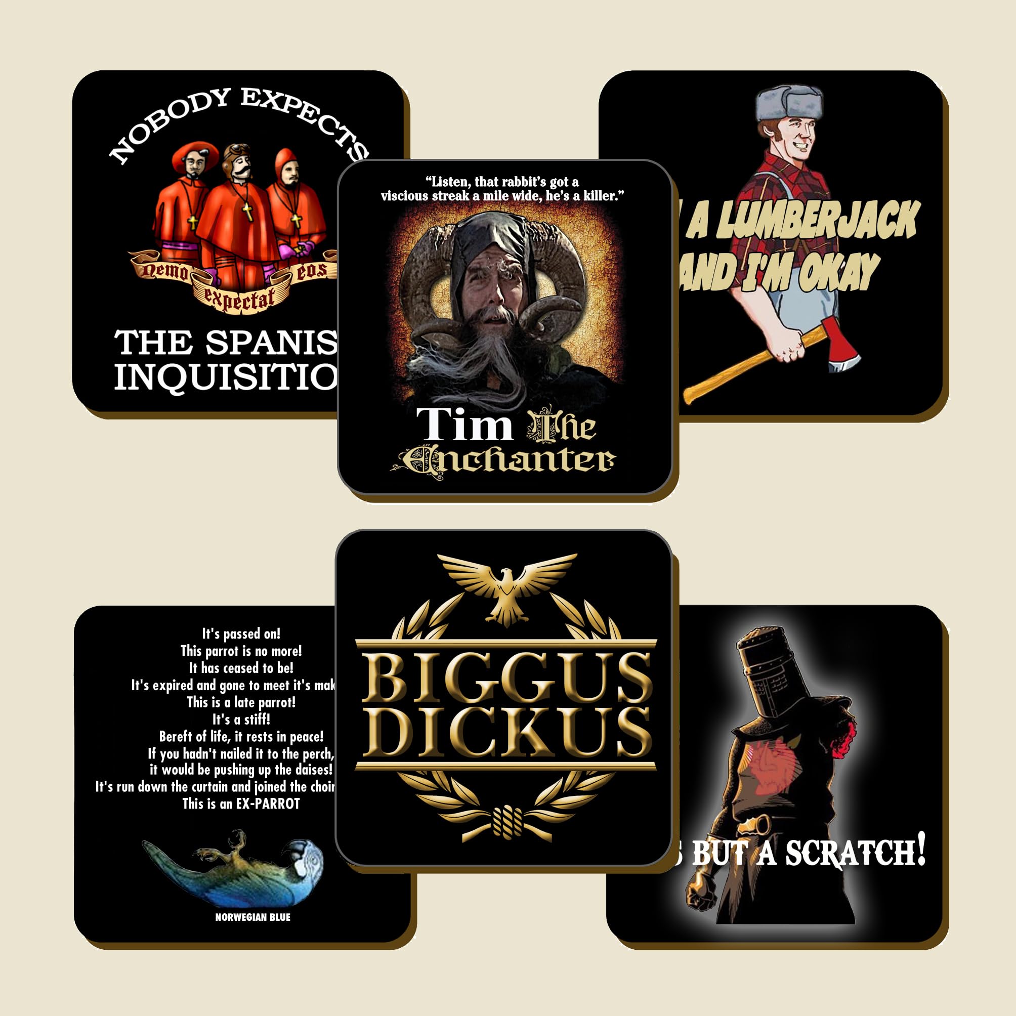Daemon Design Black Monty Python Famous Sketch Drink Coasters, Set Of 6